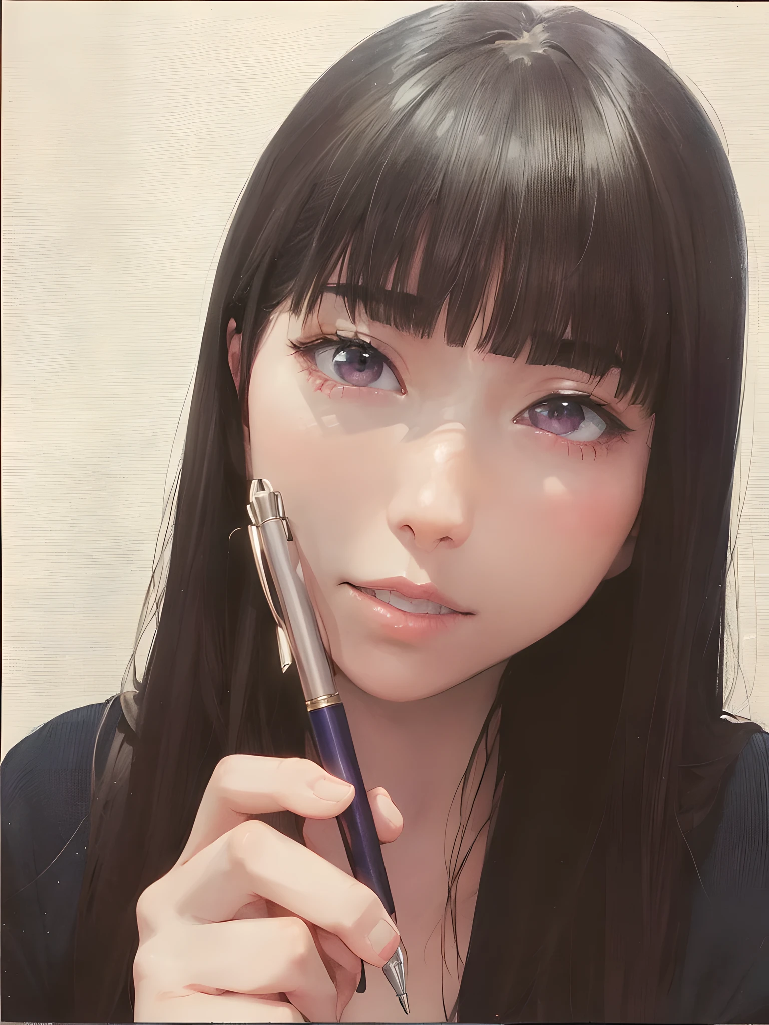 arafed woman holding a pen and looking at the camera, ballpoint, chiho, 奈良美智, kimi takemura, narumi kakinouchi, kiyoko suzuki, chiho ashima, deayami kojima, sui ishida with black hair, tsutomo nihie, ayamin kojima