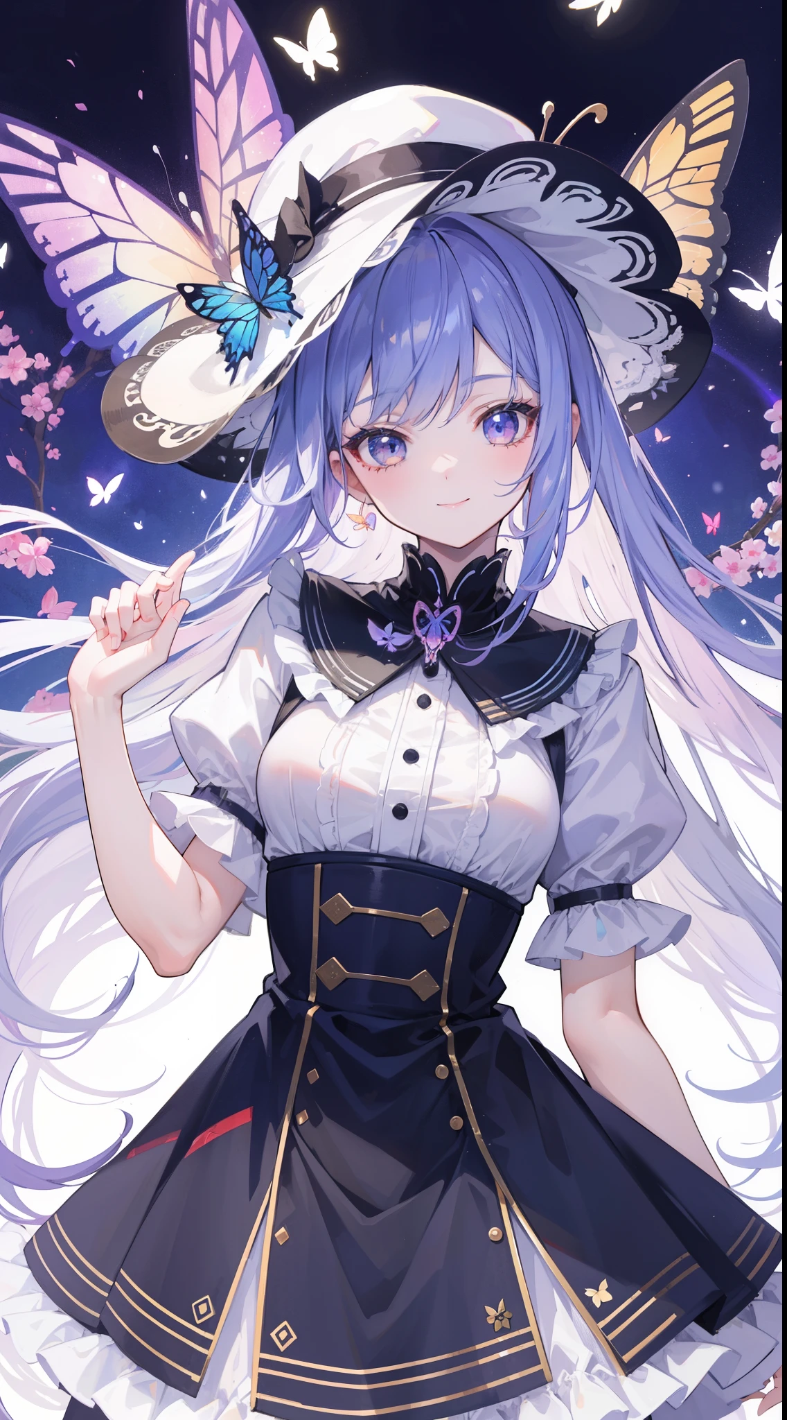 (masterpiece, top quality, best quality, official art, beautiful and aesthetic:1.2), (1girl), extreme detailed,(fractal art:1.3),colorful,highest detailed ((SFW)),Masterpiece, High Quality,((Photoreal)))), cinematic direction, (High Contrast), Depth of Field, (Award-winning difference photo), Face detail, Detailed drawing, There is a place in the forest where flowers bloom, Girl dancing in a snow-white summer dress in that flower field, Girl is 13 years old, vilet hair very long hair, Summer sky, Summer clouds, Summer dazzling sunlight, Flower garden, Girl with open arms, necklace, witch hat, cute witch outfit, butterfly, fluttering petals, dynamic movement, dance, freckles, small mouth, plump limps. shiny large violet eye