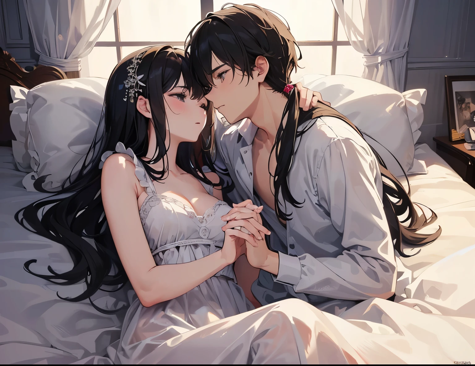 ((Best quality, A high resolution, Masterpiece:1.2)), (Romantic), (couple:1) ,(Clear facial features), Sleeping in bed together, Romantic couple photo, Romantic couple, the couple has the same height, landscape