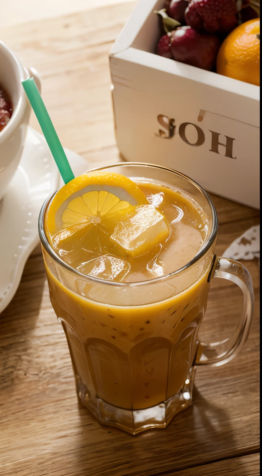 Generate a realistic, high-quality photo of a orange juice from above, with a visual style optimized for advertising. The image should highlight the freshness and variety of elements. include an attractive composition, with vibrant colors and lighting that highlights the details of the ambient. The image must be appetizing and inviting to be used for advertising healthy fruits. Include a variety of fresh fruits and other healthy ingredients., cinematic, photo