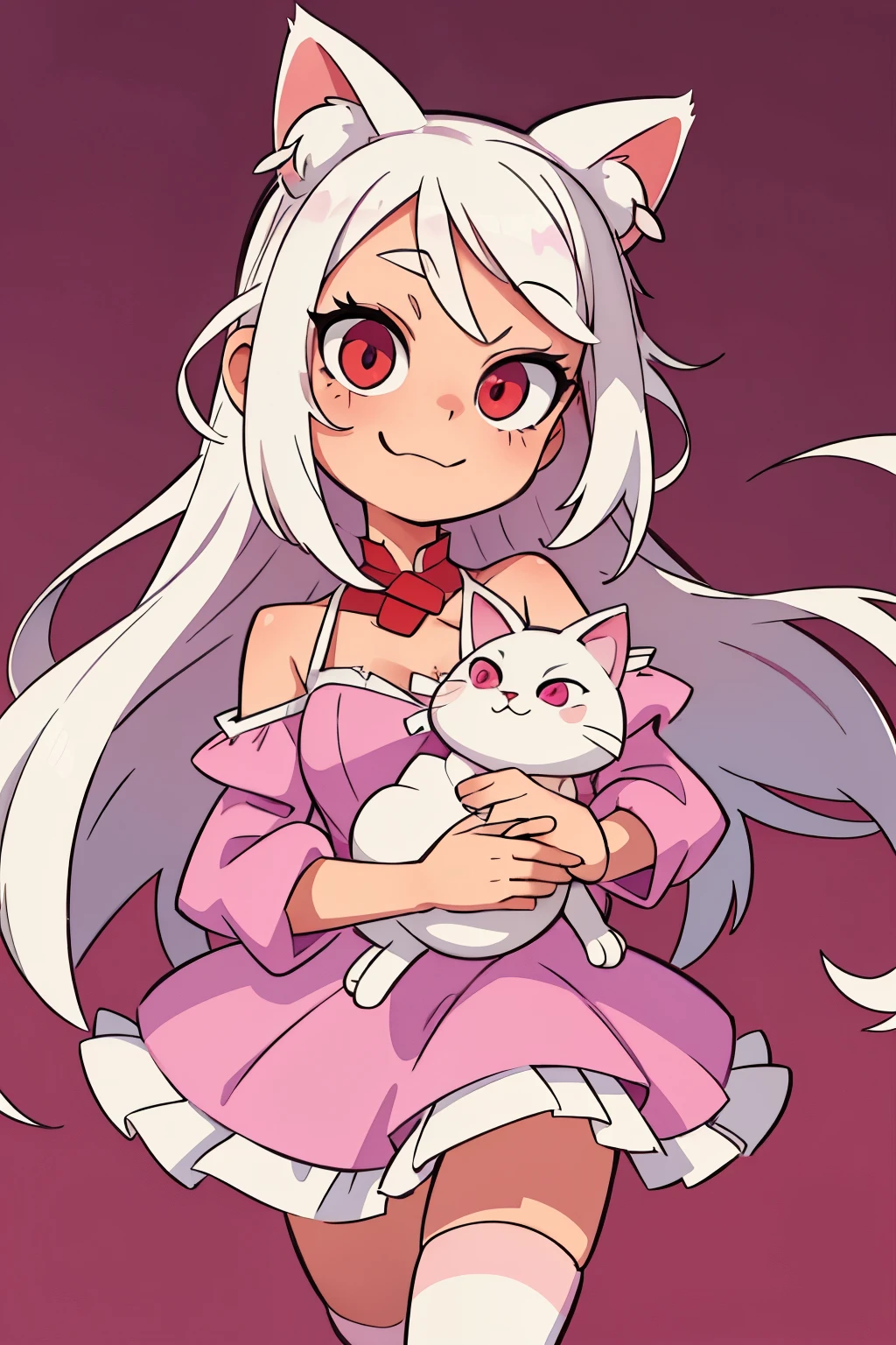 Human-cat hybrid, White hair, hair clips, tender red eyes, bandage on the right eye, cute pink and purple dress, Cheerful face