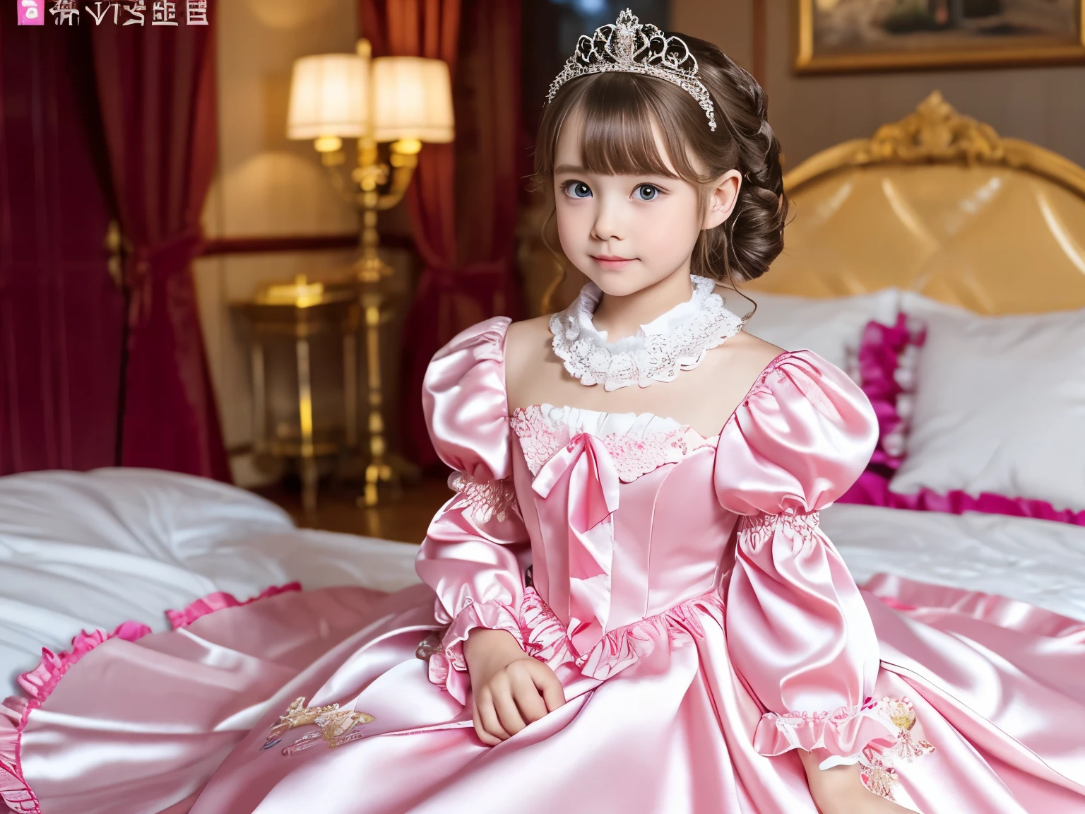 ,highest quality, masterpiece, highest resolution, artwork, super それにget used to it, many get used to it, get used to it, それにget used to it, 3K realistic photos,,((10 year old s)),Super detailed baby face,they are both princesses,Full length ball gown dress with hoop skirt,ruffle yoke collar,puff sleeves,long sleeve,((Lolita stylt pink detailed princess satin dress、Comes with lots of frills and ribbons。)),Colorful fashion in rococo style,shiny satin dress,Soft and smooth fabric,luxury,long blonde hair,blue eyes,white skin european,pajamas,((inside the palace bedroom)),luxuryなお姫様のピンクの天蓋ベッド,Sitting on the bed,detailed bed,