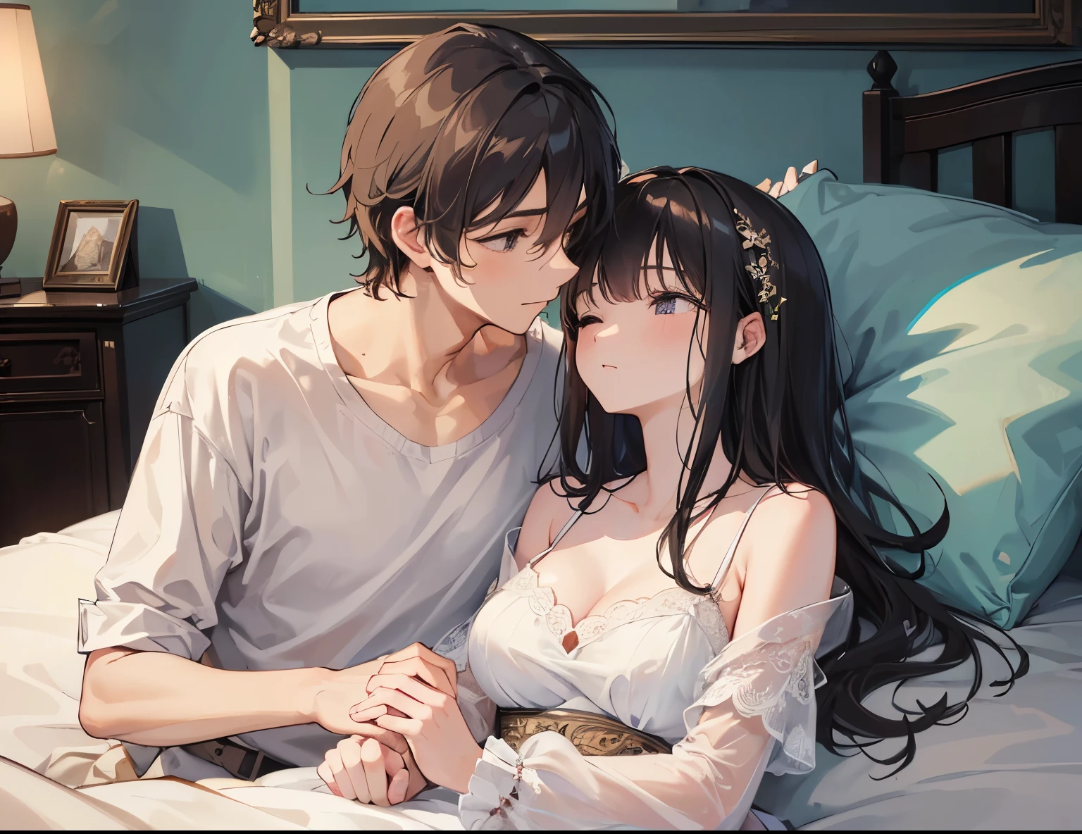 ((Best quality, A high resolution, Masterpiece:1.2)), (Romantic), (couple:1) ,(Clear facial features), Sleeping in bed together, Romantic couple photo, Romantic couple, the couple has the same height, landscape