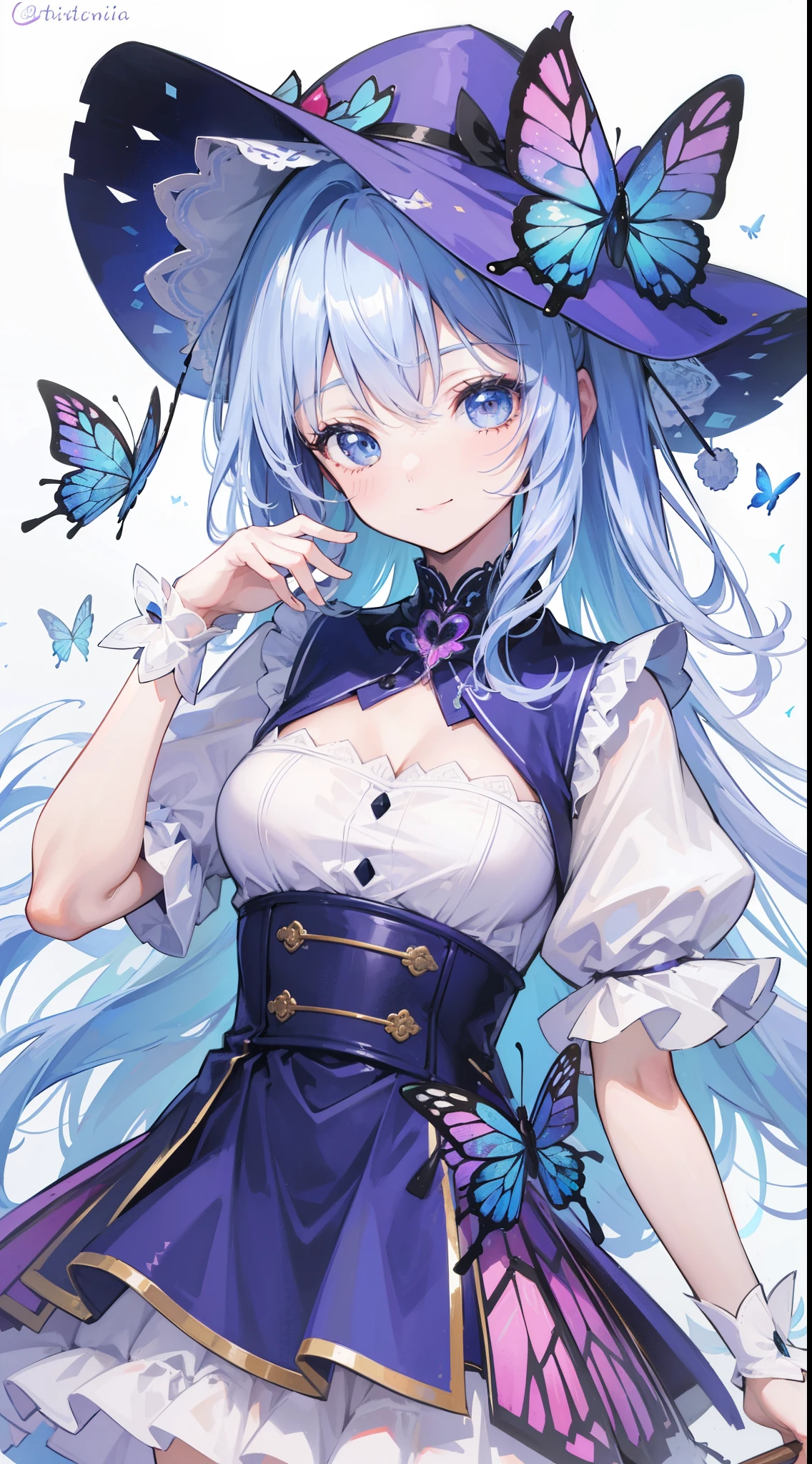 32k, best quality, ultra-detailed, high resolution, perfect anatomy, head on, cute girl, cute dress, cute hat, cute smile, colorful butterfly background, 