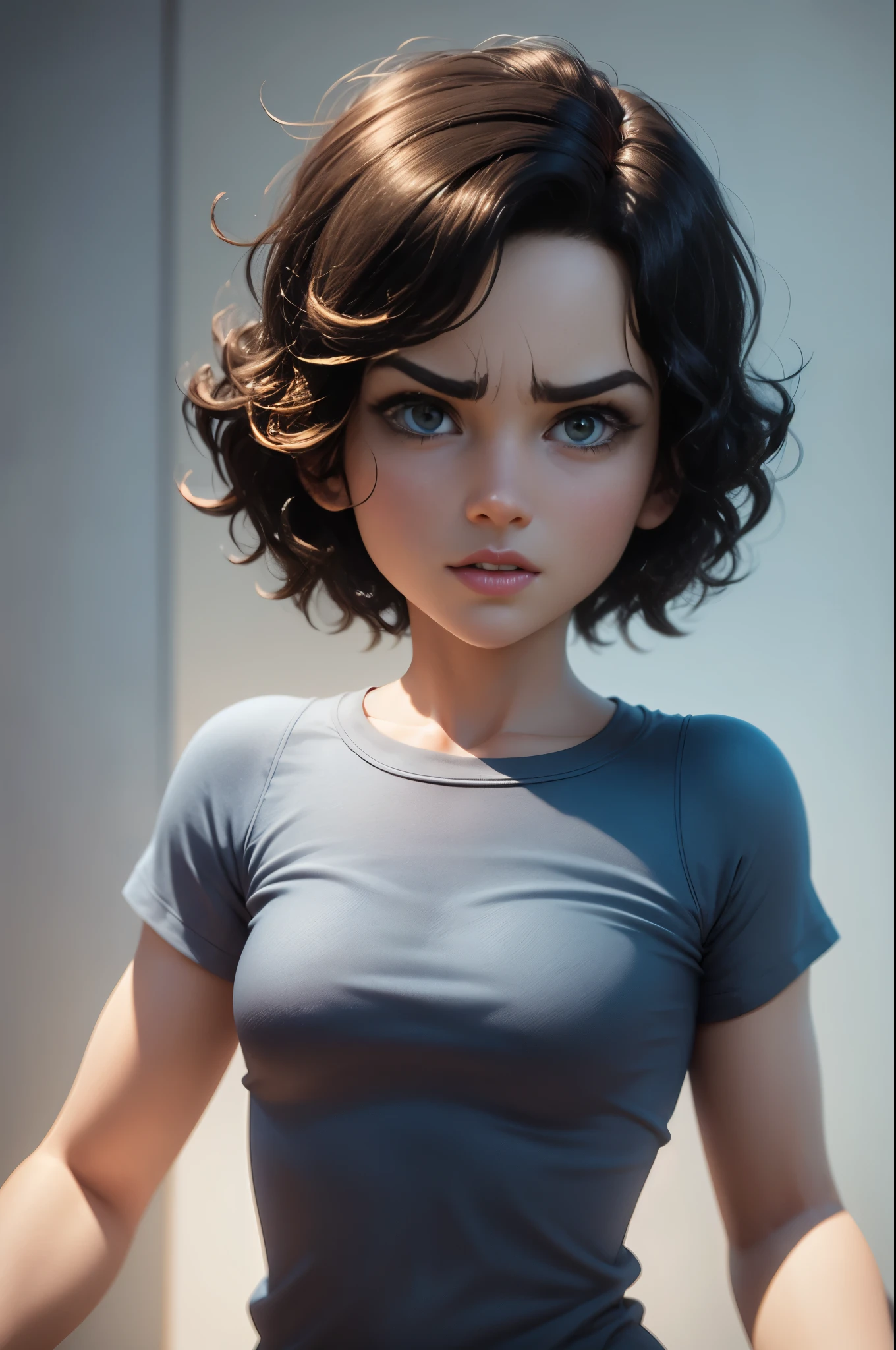 A 3D Pixar style Animation character development, girl, short hair, wavy hair,  character spread sheet, blueprint, cartoon render, high resolution texture, dramatic lighting, expressive caricature, strong facial expression, dramatic intense perspective 3/4 view, 