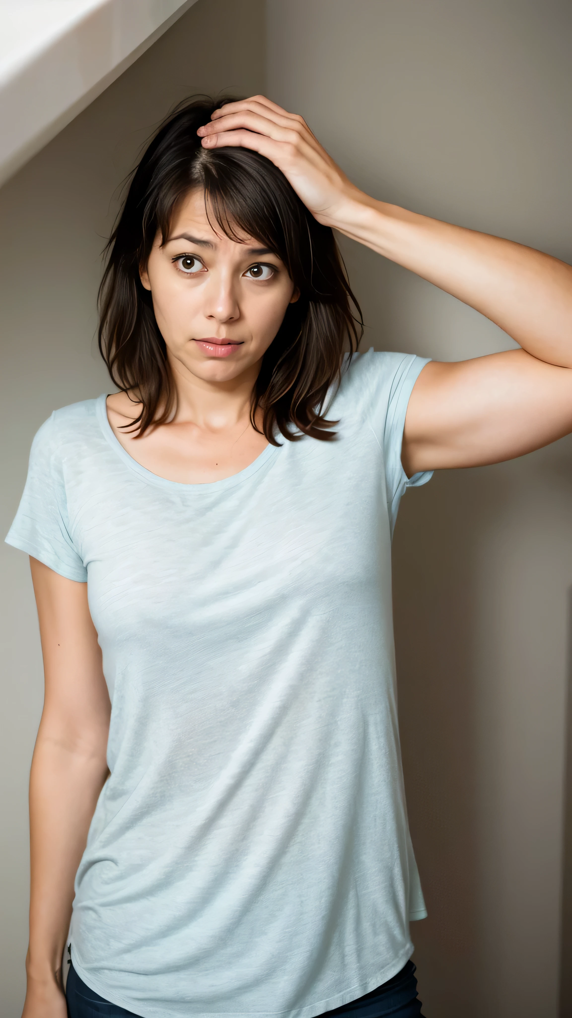 Wife realizing the misunderstanding, perhaps with a hand on her forehead, in a moment of realization.