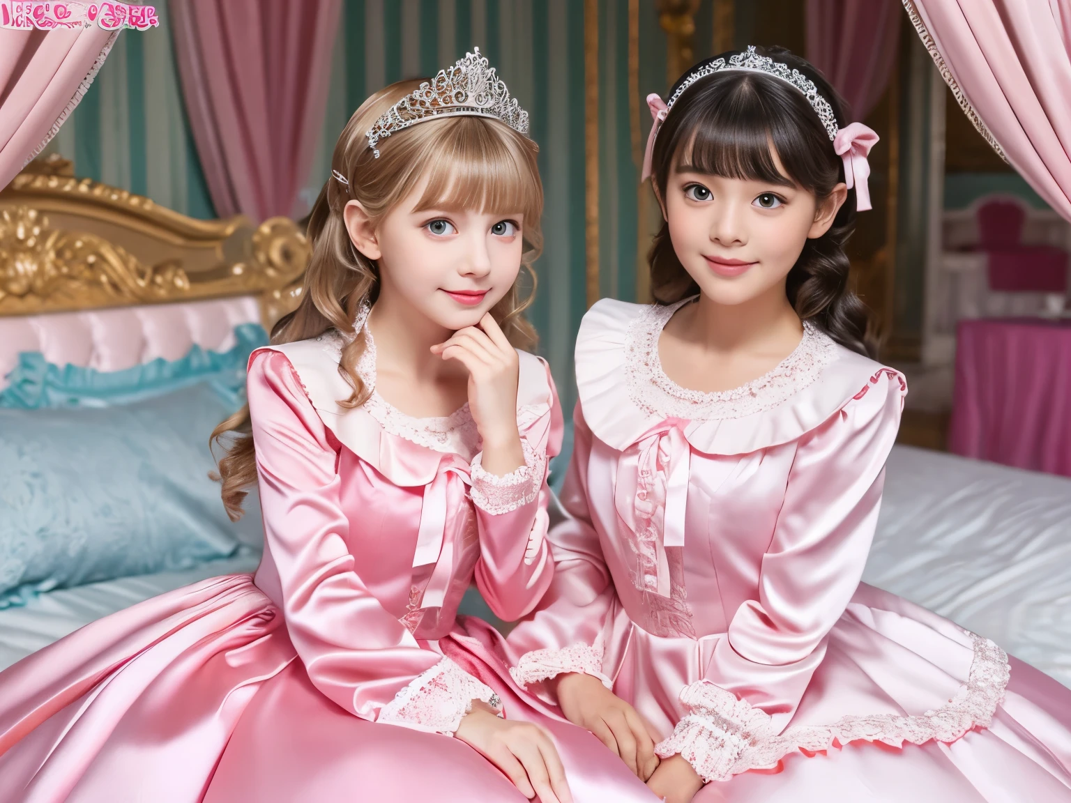 ,highest quality, masterpiece, highest resolution, artwork, super それにget used to it, many get used to it, get used to it, それにget used to it, 3K realistic photos,,((10 year old little girls)),Super detailed baby face,they are both princesses,Full length ball gown dress with hoop skirt,ruffle yoke collar,puff sleeves,long sleeve,((Lolita style hot pink detailed princess satin dress、Comes with lots of frills and ribbons。)),Colorful fashion in rococo style,shiny satin dress,Soft and smooth fabric,luxury,long blonde hair,blue eyes,white skin european,pajamas,((inside the palace bedroom)),Canopy bed,Princess Bed,Sitting on the bed,detailed bed,