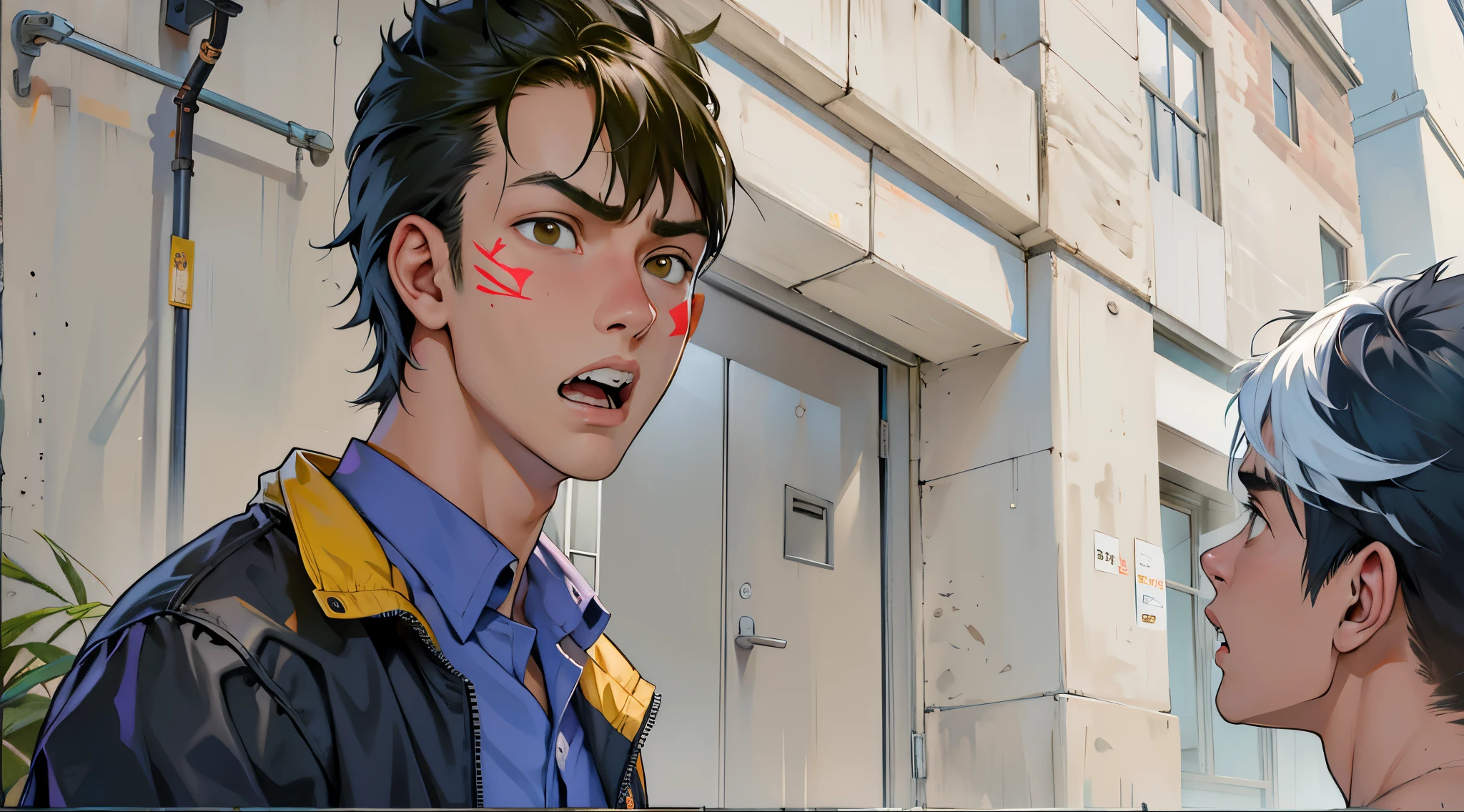 The young man is , he is upset, angry, he is yelling at someone.