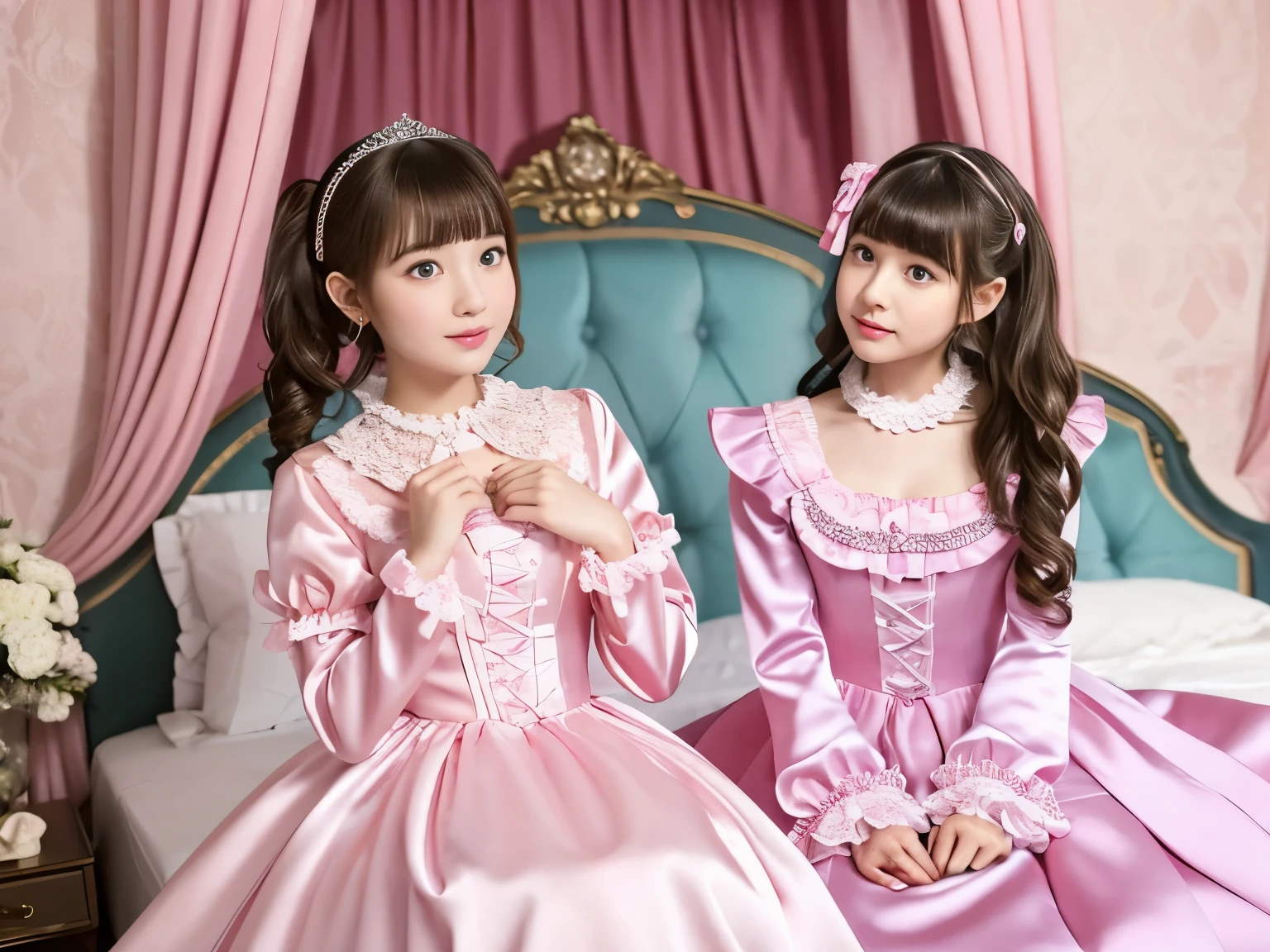 ,highest quality, masterpiece, highest resolution, artwork, super それにget used to it, many get used to it, get used to it, それにget used to it, 3K realistic photos,,((10 year old little girls)),Super detailed baby face,they are both princesses,Full length ball gown dress with hoop skirt,ruffle yoke collar,puff sleeves,long sleeve,((Lolita style hot pink detailed princess satin dress、Comes with lots of frills and ribbons。)),Colorful fashion in rococo style,shiny satin dress,Soft and smooth fabric,luxury,long blonde hair,blue eyes,white skin european,pajamas,((inside the palace bedroom)),Canopy bed,Princess Bed,Sitting on the bed,detailed bed,