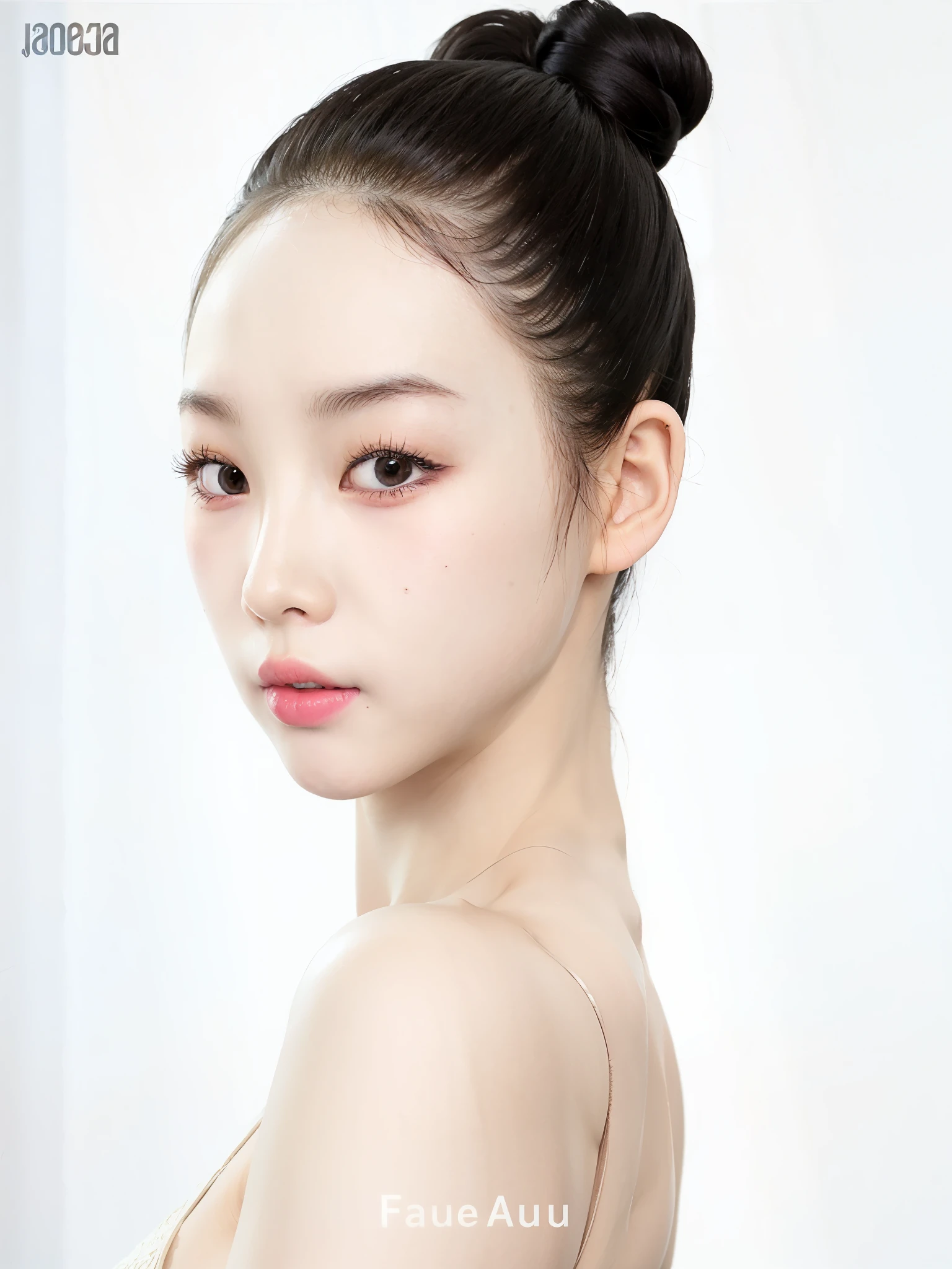 a closeup of a woman with a bun on her head, rasgos de la cara coreana, korean symmetrical face, maquillaje coreano popular, maquillaje popular de corea del sur, pale korean adorable face, joven y adorable rostro coreano, hermosa mujer surcoreana, Jinyoung Shin, hermoso rostro estetico, muchacha coreana, pale round face, asian features, con cara redonda, hermosa joven coreana