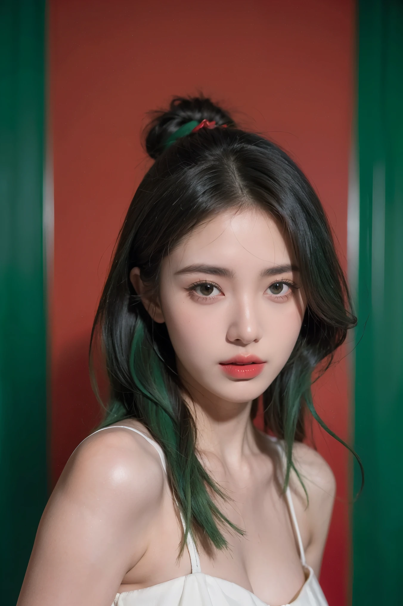 21yo girl, green hair, red background,