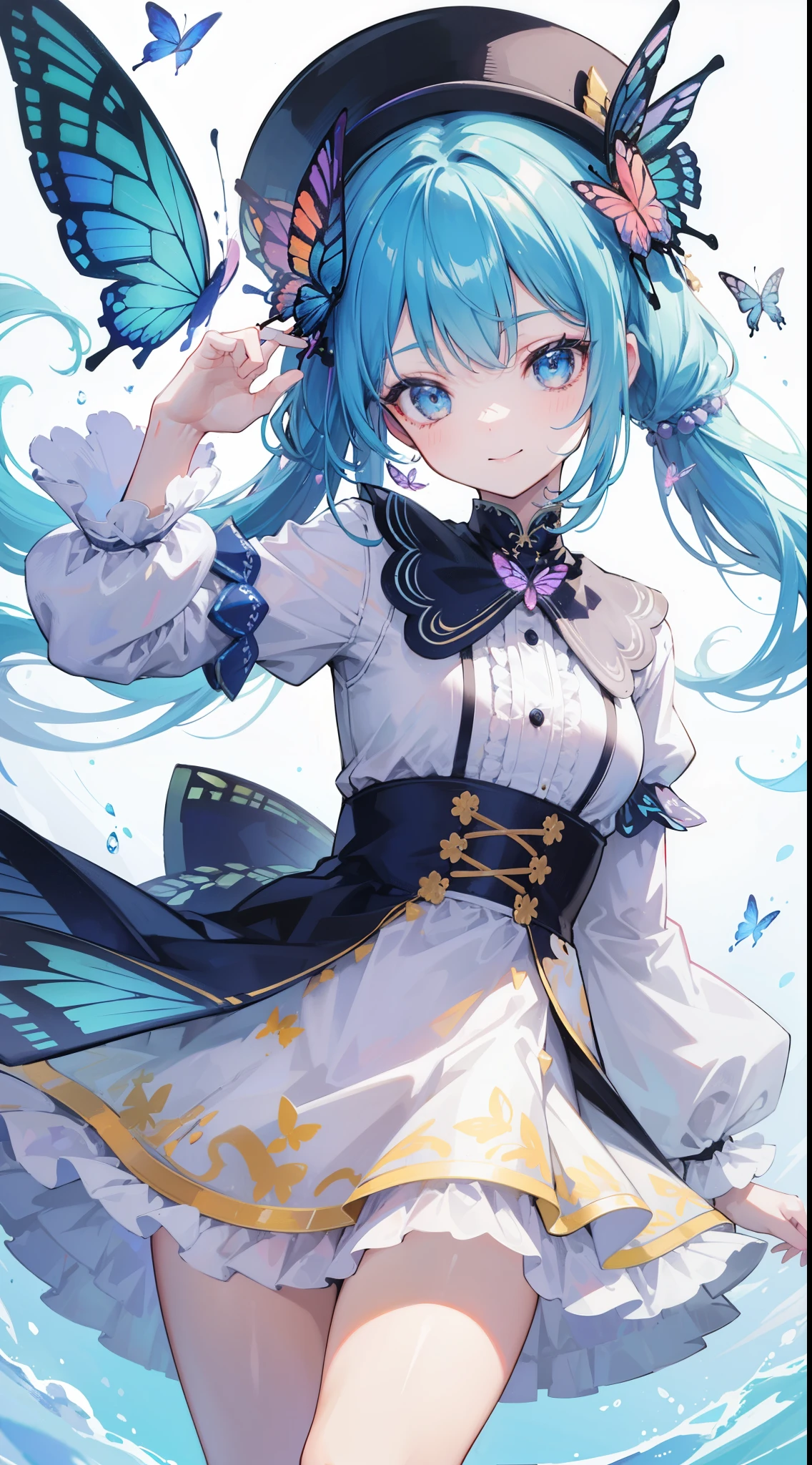 32k, best quality, ultra-detailed, high resolution, perfect anatomy, head on, cute girl, cute dress, cute hat, cute smile, colorful butterfly background,