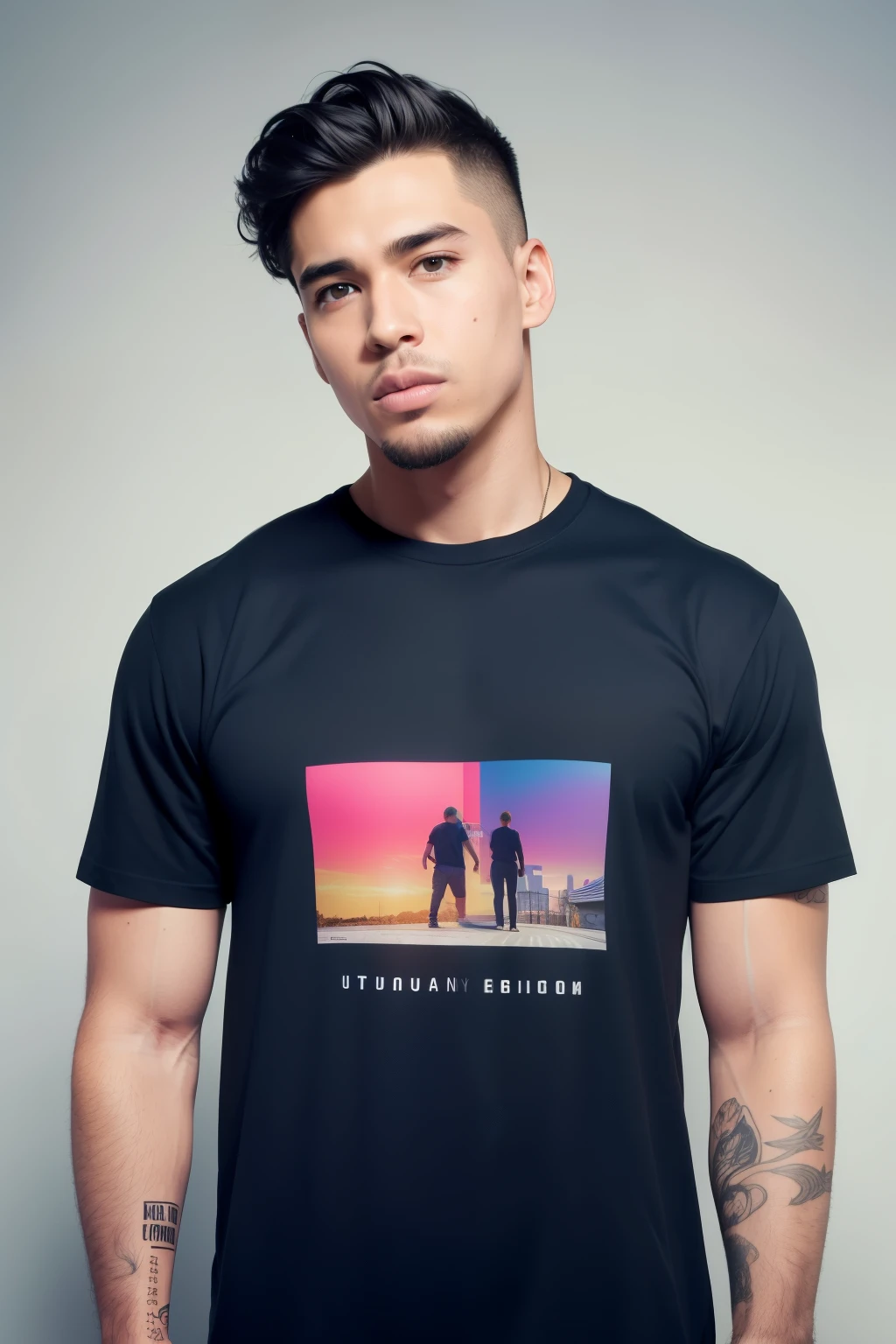 Introducing the ultimate masterpiece in T-shirt mockups! Prepare to be captivated by the sheer quality and attention to detail showcased in this exceptional image, featuring a male model who personifies the essence of "Urban Threads," a fashion-forward streetwear brand. 

Immerse yourself in the scene as a young, urban male exudes confidence and casual charm, effortlessly bringing the T-shirt design to life. His relaxed demeanor is perfectly matched with the captivating T-shirt design, carefully curated to align with "Urban Threads" brand aesthetics. With modern and edgy elements seamlessly incorporated, this visually striking design resonates deeply with the brand's target demographic.

Enhancing the vibrancy and uniqueness of the T-shirt design is a carefully selected palette of complementary colors.