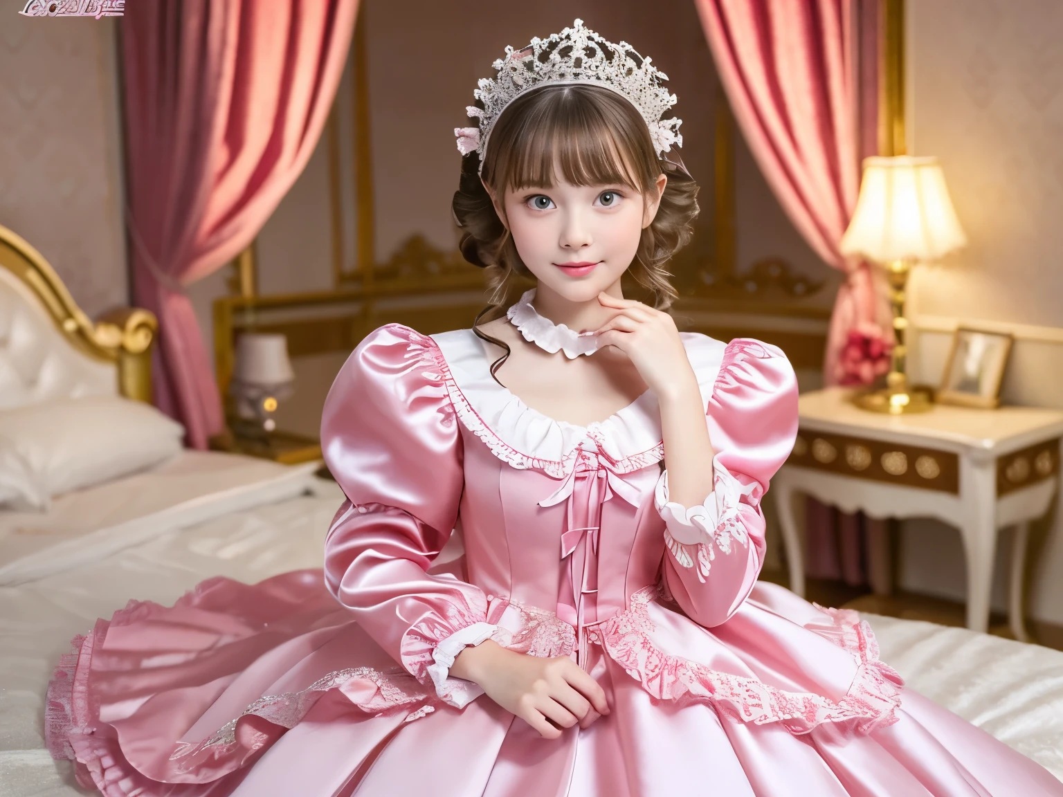 ,highest quality, masterpiece, highest resolution, artwork, super それにget used to it, many get used to it, get used to it, それにget used to it, 3K realistic photos,,((10 year old s)),Super detailed baby face,they are both princesses,Full length ball gown dress with hoop skirt,ruffle yoke collar,puff sleeves,long sleeve,((Lolita stylt pink detailed princess satin dress、Comes with lots of frills and ribbons。)),Colorful fashion in rococo style,shiny satin dress,Soft and smooth fabric,luxury,long blonde hair,blue eyes,white skin european,pajamas,((inside the palace bedroom)),Canopy bed,Sitting on the bed,detailed bed,