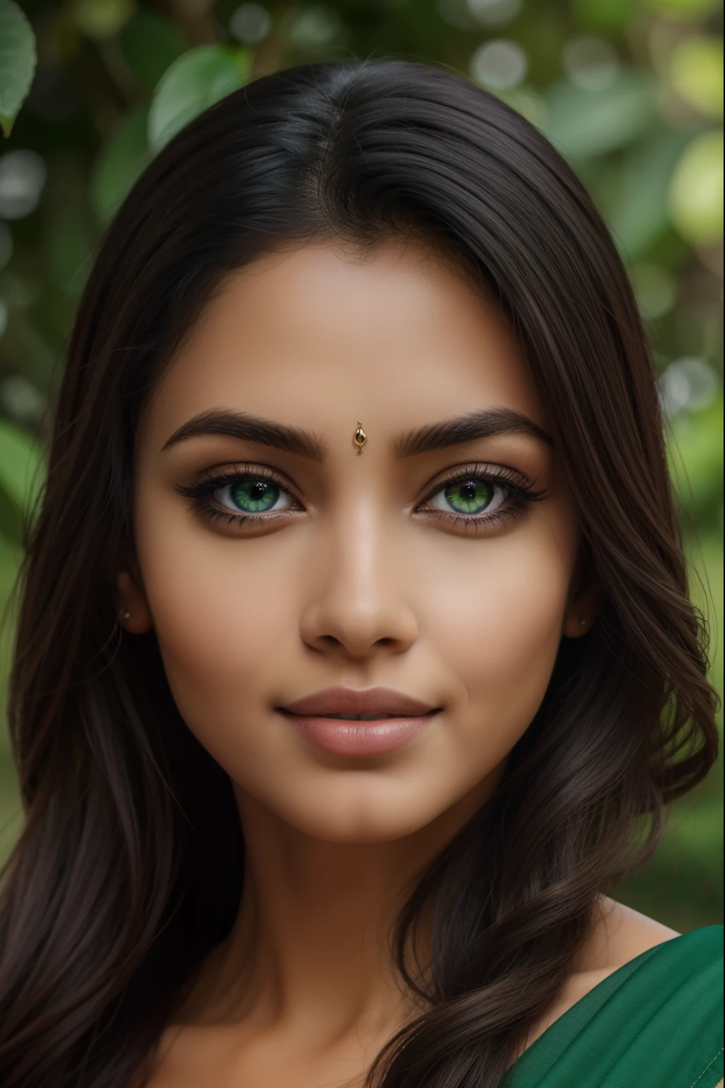 best quality,4k,8k,highres,masterpiece:1.2,ultra-detailed,realistic,beautiful detailed eyes,beautiful detailed lips,extremely detailed eyes and face,longeyelashes,Tamil girl,blended with mother nature,green lush green,greeneries