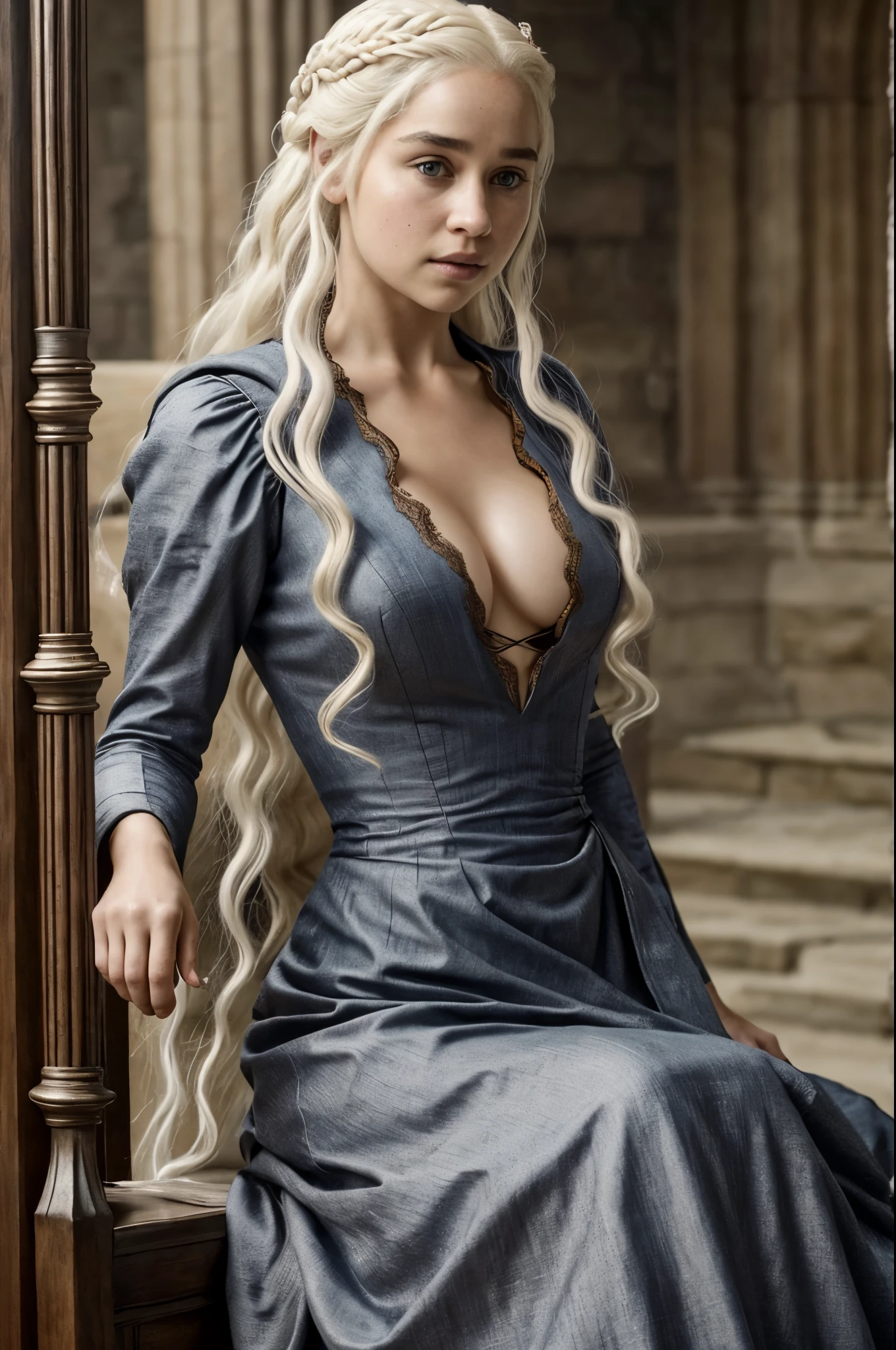 Masterpiece, Daenerys Targaryen, Gorgeous woman, queen, Queen Lady, Princess of Dragonstone, black mole on breast, The Unburnt, Queen of Meereen, Queen of the Andals, the Rhoynar and the First Men (claimant), Protector of the Seven Kingdoms (claimant), Khaleesi of the Great Grass Sea, Breaker of Shackles, Mother of Dragons, The One Who Was Promised, Lady of Dragonstone , 35 years Old, she is a Full growned lady now, beautiful mature lady, the queen, milf beauty, mature queen, Best quality, a small, charming Beauty, a captivating woman, fully ripen milf body, lustful queen, alluring appearance, unrivaled beauty, wonderful breasts, large breasts, mediaeval erotic costumes, a Game of Thrones-inspired costume, a close-up of a woman from the middle ages, Daenerys Targaryen, Daenerys, resembles Emilia Clarke, Emilia Clarke, scene from "Game of Throne," deep cleavage, warrior princess, healthy body, perfect thick body, attractive figure, fleshy body, style of "Game of Throne," beautiful lady, beautiful woman, mediaeval clothes, stunning woman, 8K, insane details, dress made of clothes and jewelry, perfect hair, styled hair, high clarity eyes, perfect hands, perfect fingers, perfect eyes, Extreme exhibitionism