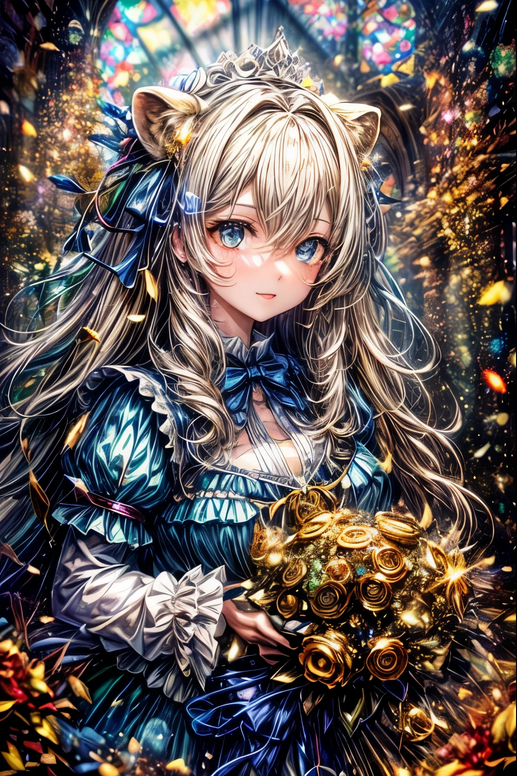 ((worst quality, low quality)), ((lion print girl)), (big breasts), (gothic lolita), (long silver hair), hair over one eye, plump glossy lips, beautiful clear eyes, spoken heart, leaning forward, confetti, (stained glass window background), ((glow sunlight)), (light particles, light sparkles, light rays:1.4), masterpiece,best quality,ultra detailed,