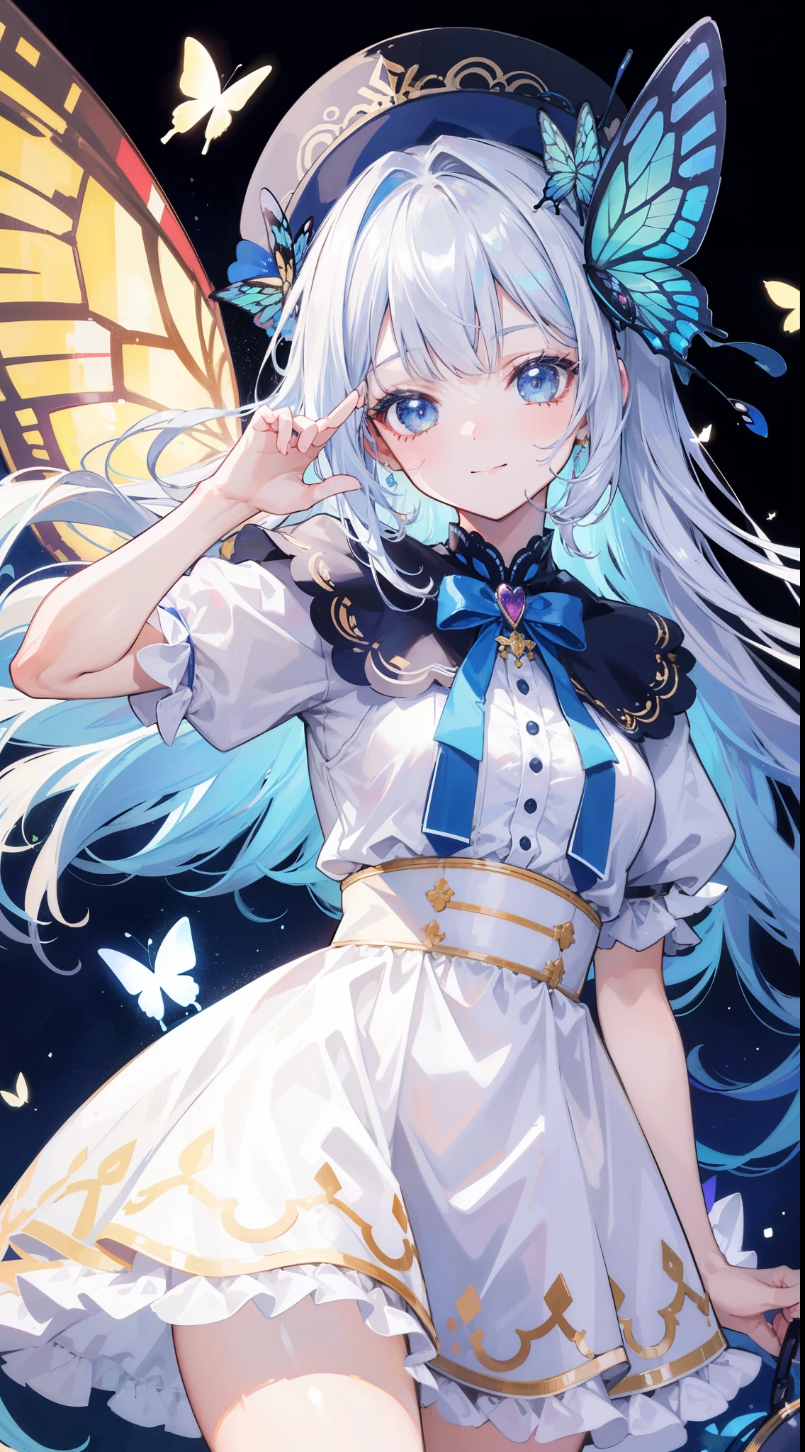 32k, best quality, ultra-detailed, high resolution, perfect anatomy, head on, cute girl, cute dress, cute hat, cute smile, colorful butterfly background,