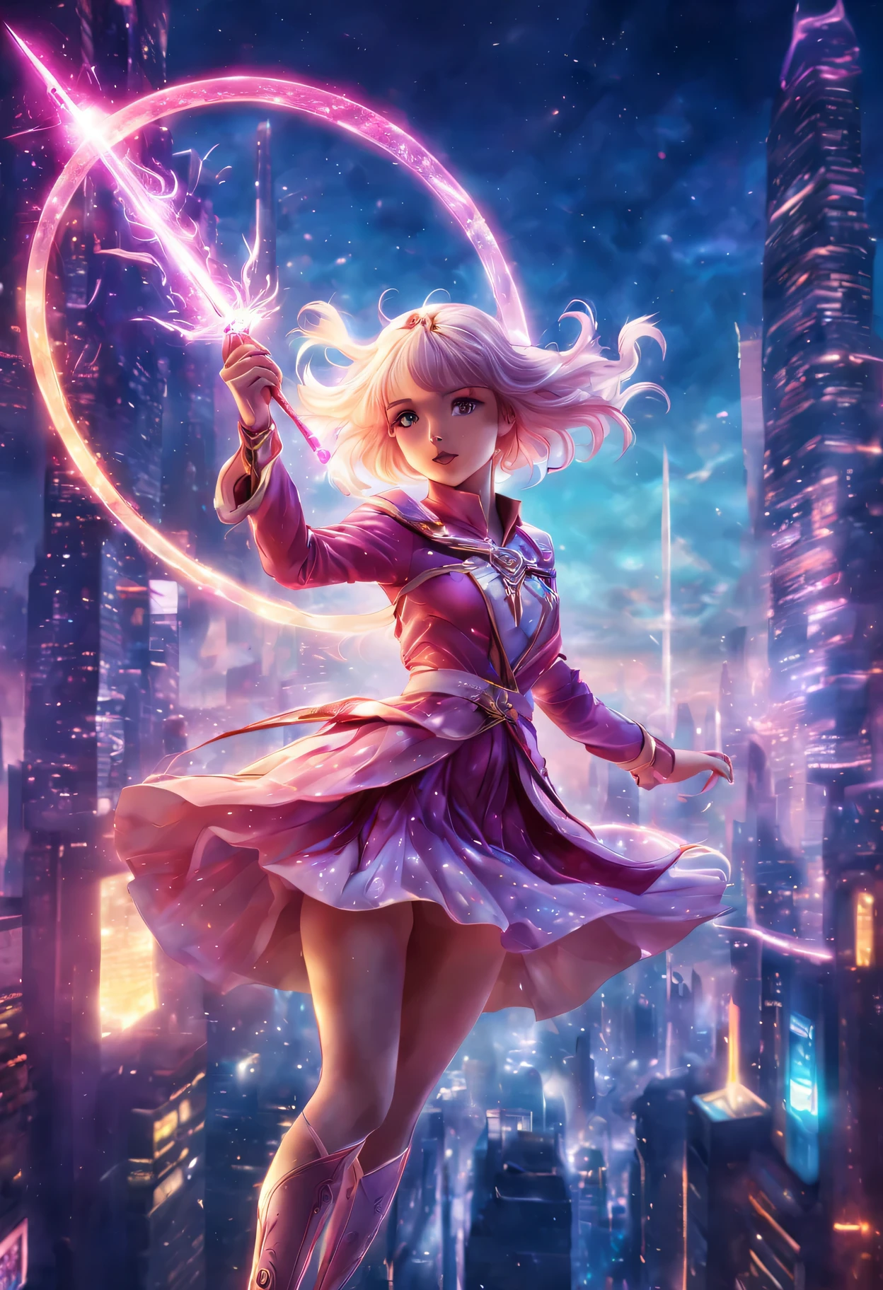 Futuristic magical girl Illya, Detailed clothing and accessories, glowing magic wand, bright colors, dynamic poses, Fly in mid-air, Set against a stunning cityscape backdrop, neon lights, futuristic skyscraper, glistening stars, Charming atmosphere, HD artwork, 超bright colors, HDR lighting, professional quality, anime style, Magical girl transformation, flowing hair, sharp eyes, ethereal halo, Sparkling magical effect, Energetic and confident expression, A vibrant and surreal color palette, dynamic composition, Realistic textures and materials, Otherworldly Powers and Abilities, energy beams, glowing particles, Magic explosion, Glowing imprint, Intricate ornate design, Future technology blends into magic, A fusion of fantasy and science fiction elements, epic battle scenes, A sense of adventure and wonder, Engaging and immersive, digital illustration