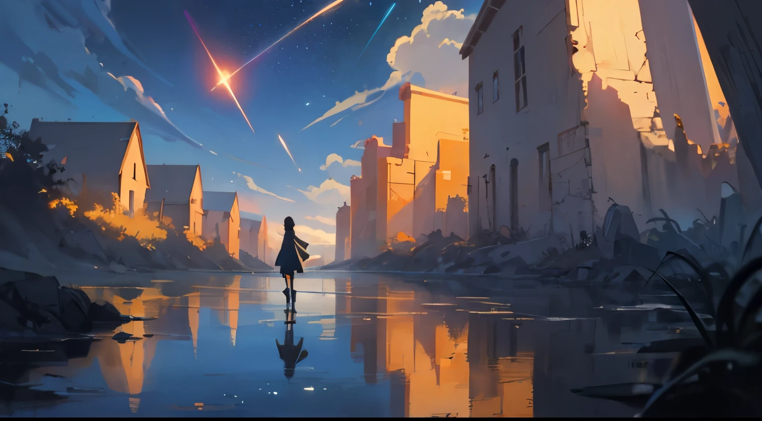 1 girl, eye, close, beautiful night sky, Meteors, beyond the clouds, surrounded water, reflection, wide angels, breathtaking clouds, wide angle, by makoto shinkai, thomas kinkade, james gilliard, by Holosomnia Landscape, HDR, volume lighting, ray tracing, Complex, advanced details, very detailed, deviant, 4K vertical wallpaper,, colorful, well-ventilated, anime illustration, anime nature wallpaper