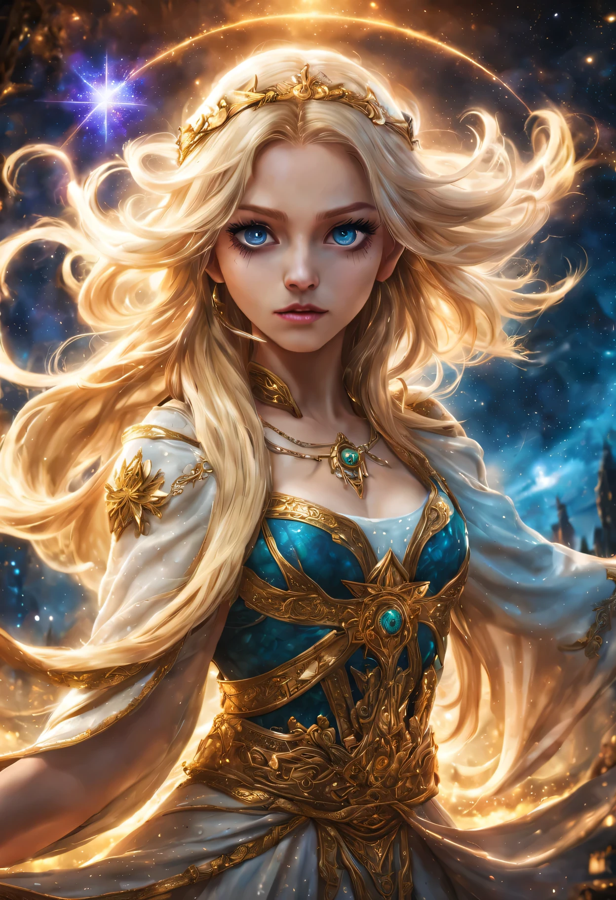 best quality,4K,8k,high resolution,masterpiece:1.2,Super detailed,actual:1.37,Lucy,Celestial Mage，the heroine of the series,Beautiful and delicate eyes,Beautiful and delicate lips,Extremely detailed eyes and face,long eyelashes,Fairy tail,Moderate:illustration,Supernatural powers,Tianling,golden key,star dress form,blonde flowing hair,magic circle,sparkling Tianling,Exquisite magic robe,colorful Tianling,Landscape background of stars and galaxies,bright colors,dynamic poses,A sense of adventure,enchanted forest,Ancient ruins,glow,mysterious atmosphere,ethereal beauty,artistic depiction,Emphasis on character emotions,dynamic composition,The action scenes are rich,Engaging storytelling,Magical effect,lens flare,dramatic lighting,Heroic pose,intense battles,sense of surprise,Cosmic elements,peaceful and powerful presence,Aura of command,chiaroscuro,stylized fantasy world,faithfully portray the character,Superb execution.