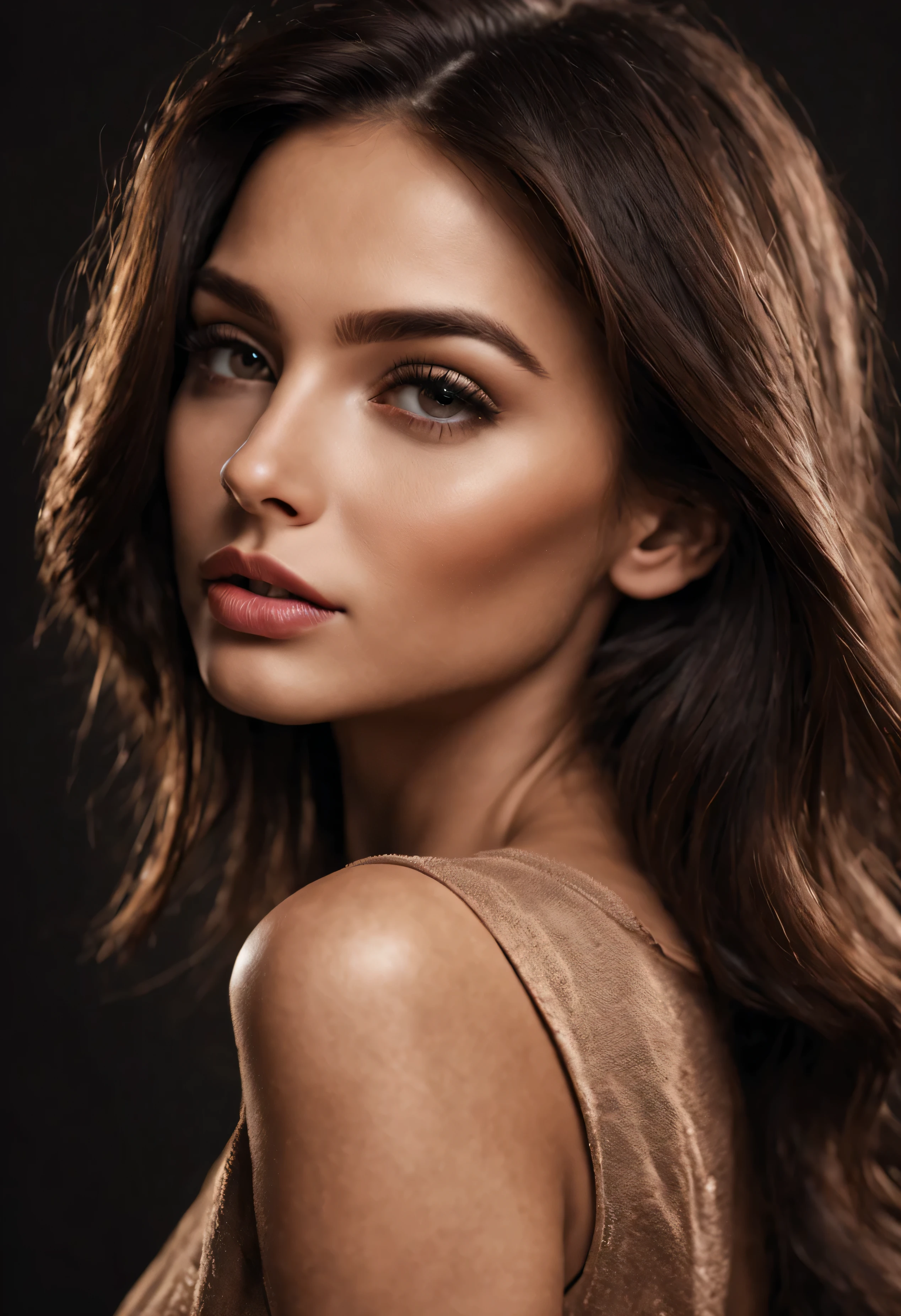 A beautiful girl's face close-up. Perfect lips. looking forward. Brunette. in profile. Dark softtouch texture background.