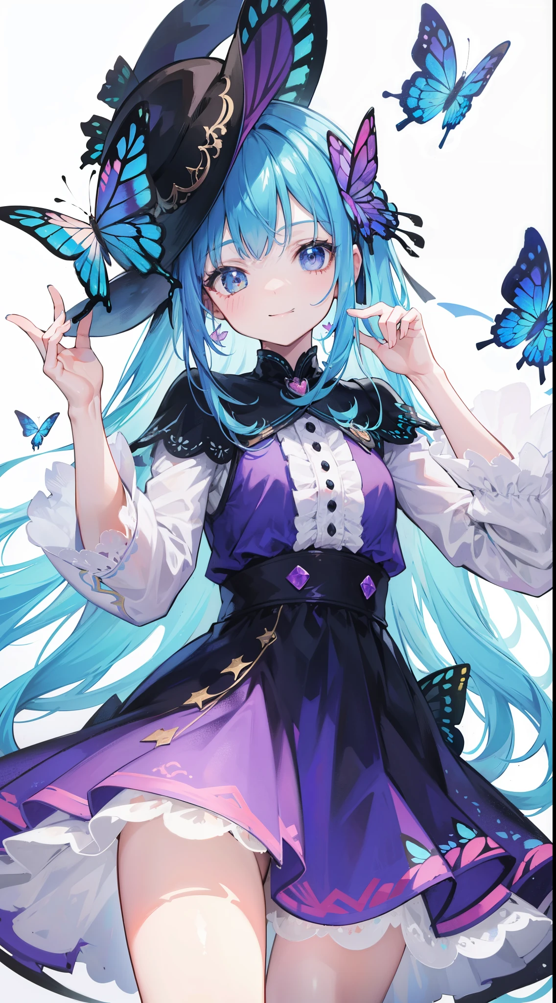 32k, best quality, ultra-detailed, high resolution, perfect anatomy, head on, cute girl, cute dress, cute hat, cute smile, colorful butterfly background,