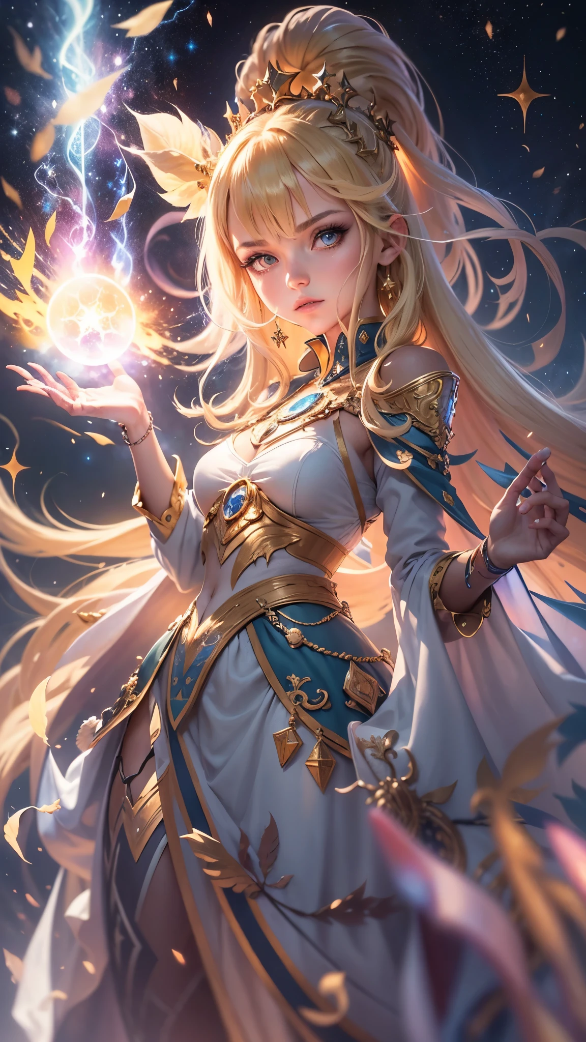 Elf Girl Star Spirit Mage，Beautiful and detailed lips and face，blonde flowing hair，A glowing magic book，star dress，Exquisite magic cloak、Landscape background of stars and galaxies、bright colors、mysterious atmosphere、ethereal beauty、artistic depiction、magical effect、Heroic pose、A sense of surprise、Cosmic elements、Calm and powerful presence、aura of majesty、chiaroscuro、best quality，4K，8k，masterpiece：1.2，super detailed，lifelike：1.37，