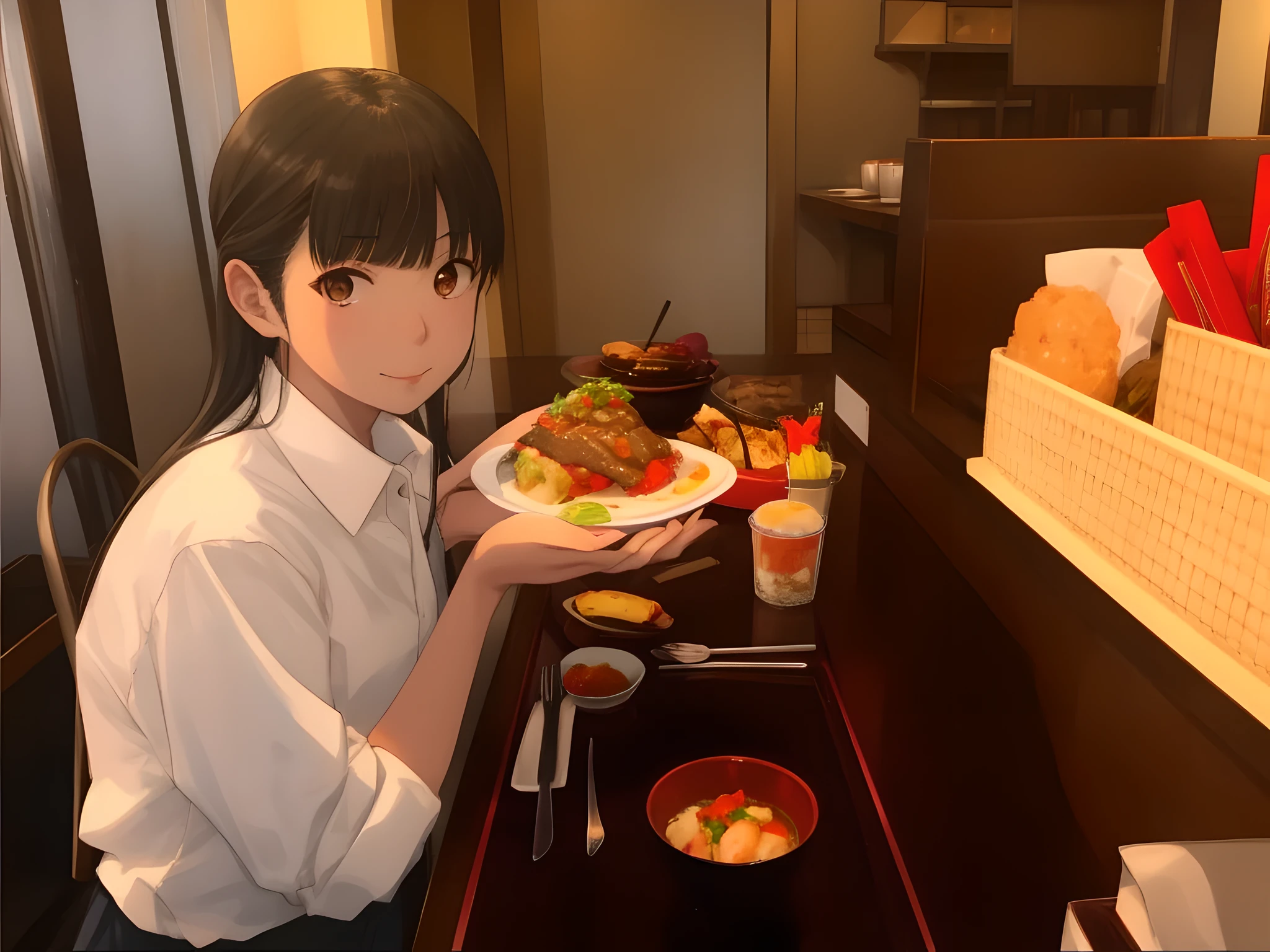 woman holding a plate of food in front of a table, ❤🔥🍄🌪, by Nishida Shun'ei, けもの, 🔞🤡, by Kanō Tan'yū, tsugumi ohba, shiori teshirogi, sana takeda, tsutomo nihie, restaurant!!