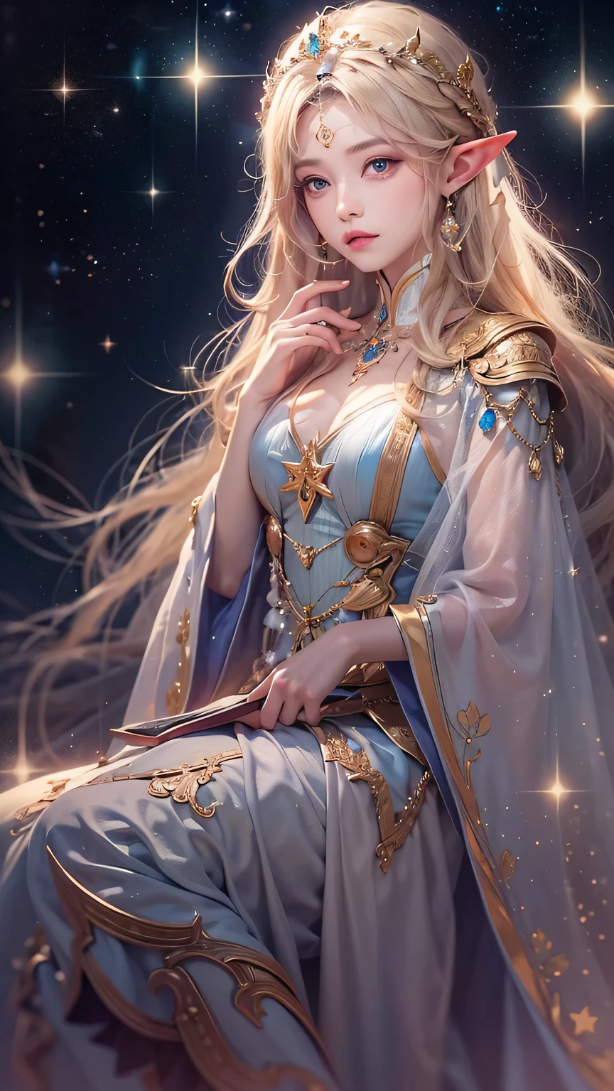 best quality,4K,8k,masterpiece:1.2,super detailed,lifelike:1.37,Lucy,Elf,Celestial Mage,beautiful details eyes,Beautiful and delicate lips,Extremely detailed eyes and face,long eyelashes,blonde flowing hair,Magic book,star dress,Exquisite magic cloak、Landscape background of stars and galaxies、bright colors、glowing light、mysterious atmosphere、ethereal beauty、artistic depiction、magical effect、Lens illumination,dramatic lighting、Heroic pose、A sense of surprise、Cosmic elements、Calm and powerful presence、aura of majesty、chiaroscuro、