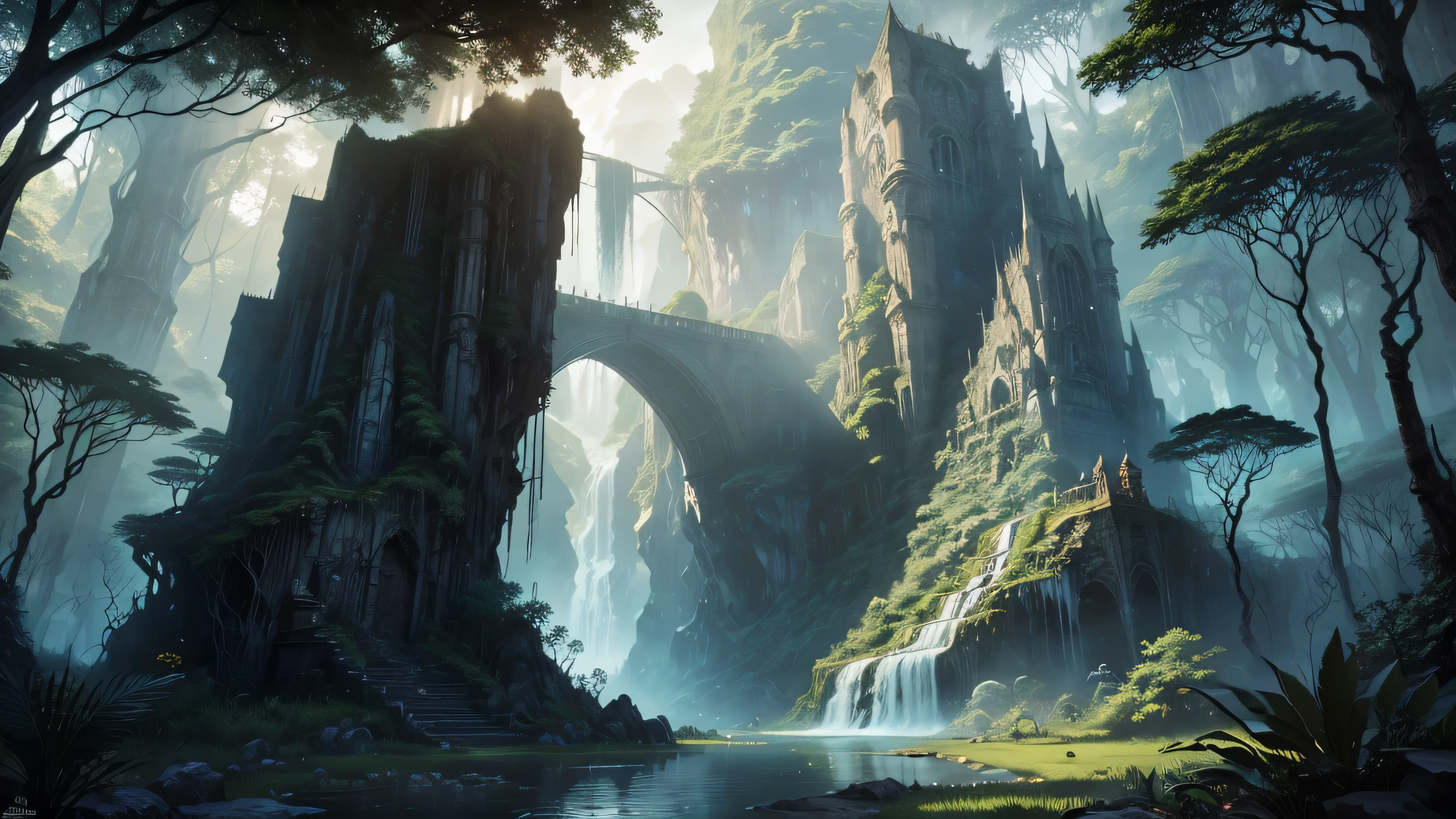 There is a waterfall in the middle of a tropical jungle, bela fantasia detalhada, fantasia altamente detalhada, fantasy scenic, arte digital de fantasia detalhada, Arte digital de fantasia 2D, arte digital detalhada de fantasia 2D, impressive paisagem de fantasia, fantasy pictorial style, arte estilo fantasia, medieval paisagem de fantasia, paisagem de fantasia, realistic fantasy illustration, Arte de fantasia 4k, cidade de fantasia