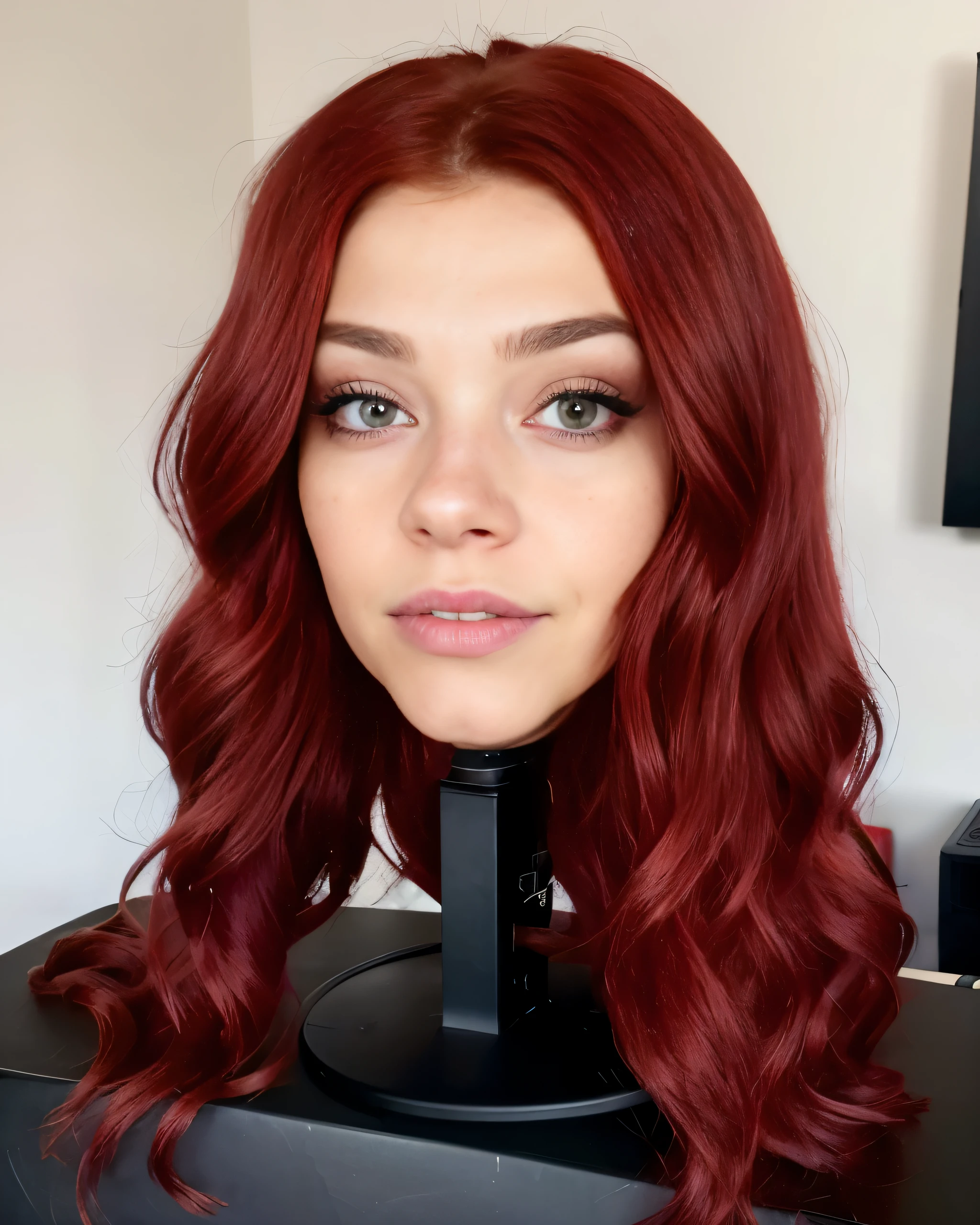 ((disembodied head on desk)), Sydney Sweeney, beautiful long red hair, realistic detailed skin, wearing makeup, (realistic), realistic lighting, (best image, best quality)