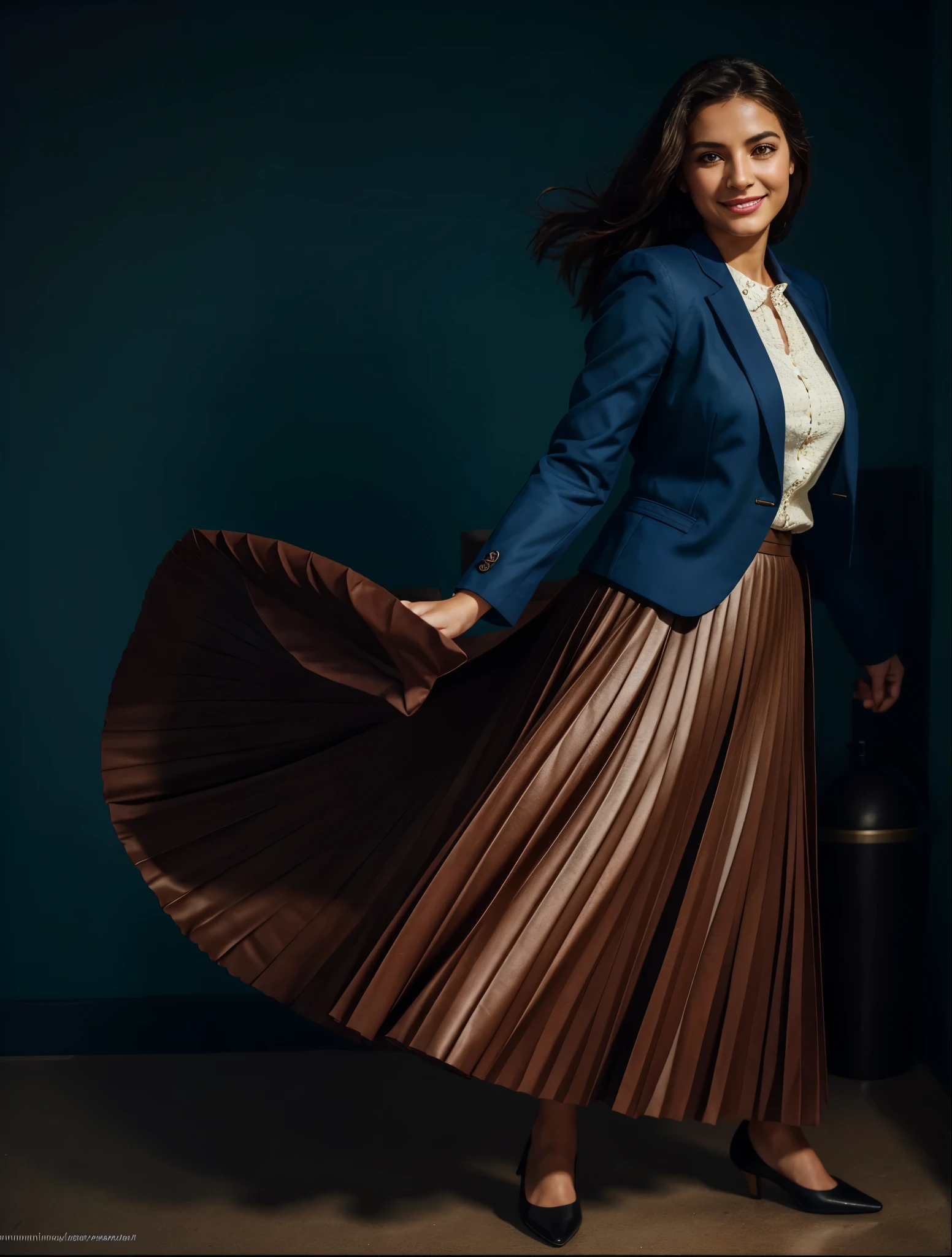 A smiling, authentic, (shy:1,3), kind, beautiful woman, completely alone in an empty space station, in love with her skirt, standing while wind lifts her skirt, wearing short blazer and very very detailed (long (fully pleated) full circle skirt) and (simple) low heeled office shoes, very very intricate hyper-detailed symmetric (attractive graceful young feminine face) with (sad, tired eyes and a shy smile), large breasts, full of empathy and compassion and love, (pronounced (feminine) features), (highly detailed ultra accurate realistic) hands and fingers, (windy), epic composition, highly detailed attributes, (35mm f1.4 Kodak portra 400 photograph), extremely high quality RAW photograph, highly detailed atmosphere, sci-fi, cinematic shot, dynamic lighting, 75mm, Technicolor, Panavision, cinemascope, sharp focus, fine details, 8k, HDR, realism, realistic, key visual, film still, superb cinematic color grading, depth of field