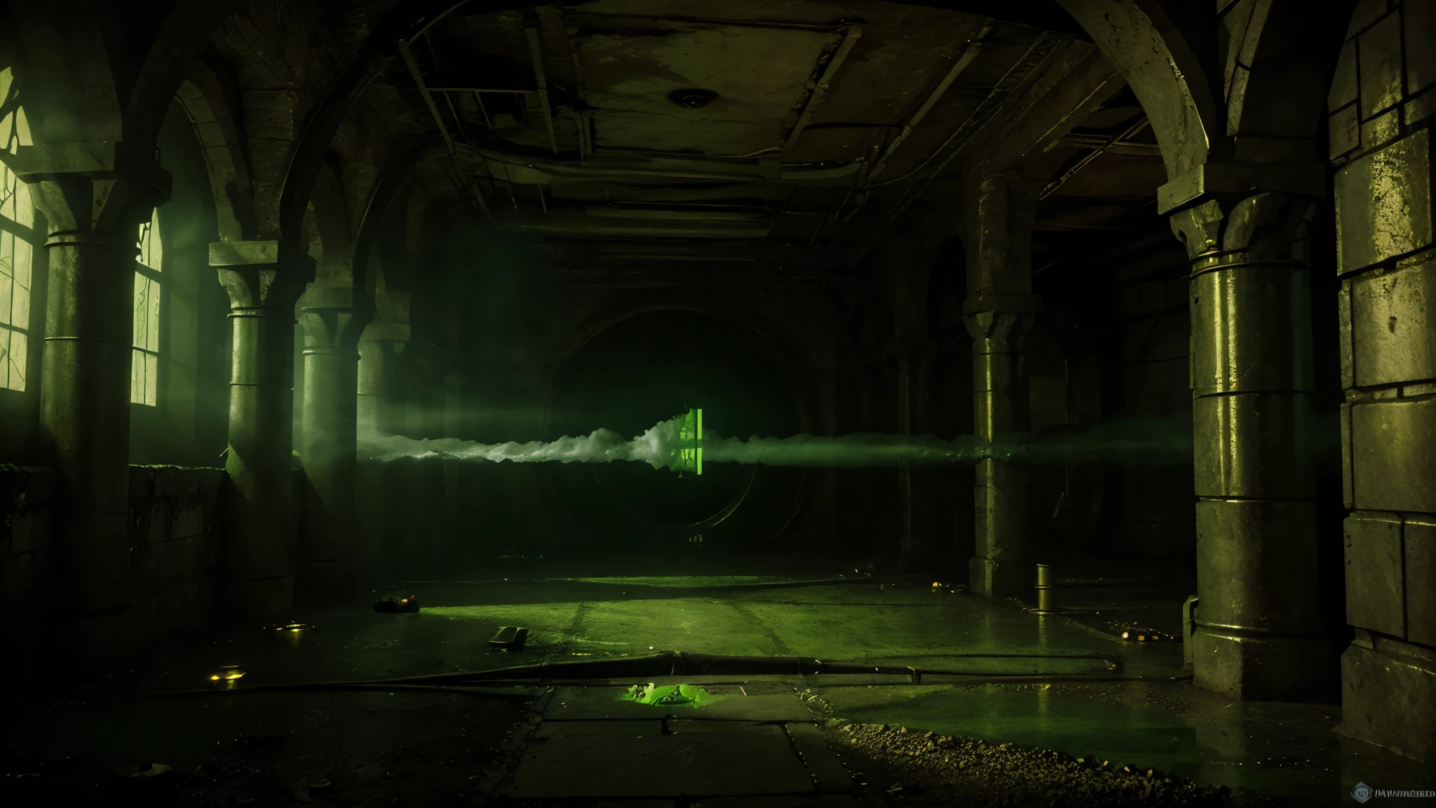 Dungeons and Dragons creepy landscape. Toxic Sewage dungeon Corridor. Inside a huge brass tube. A deadly trap gets activated. Green smoke. Volumetric lighting. Fantasy art.