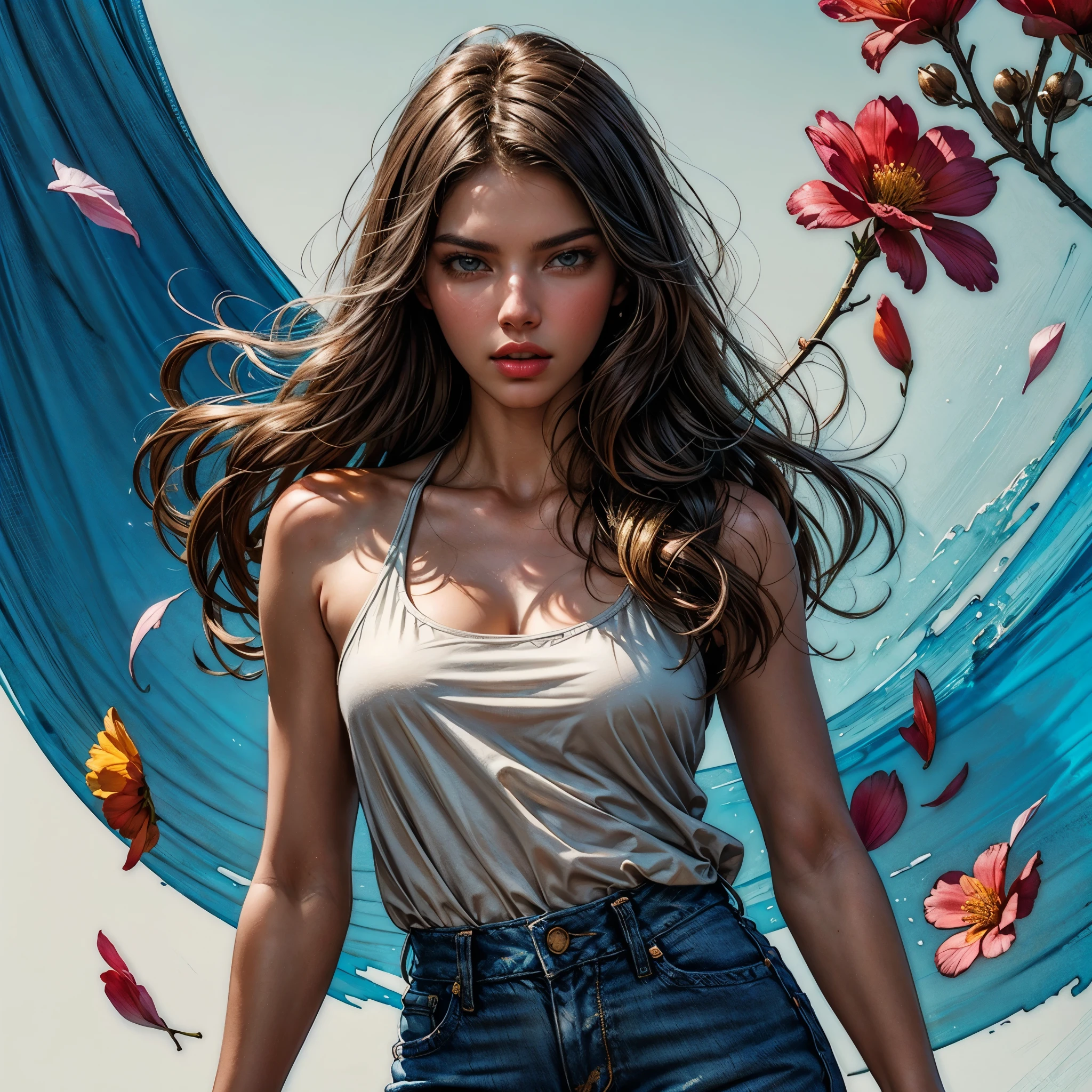 style FANTASTIC::Marc Silvestri ::5.0 COMIX illustration style, Fantastic Paintings--quality ,illustration style, DETAILED ,TATOON STYLE , Adriana Lima ,beautiful woman with long straight haiR ULTRA DETAILED, (beautiful and clear background:1.2), (extremely detailed CG, ultra-detailed, best shadow:1.1), ((depth of field)), ((watercolor)), large breasts(with jeans and a white t-shirt or dress:1.3), bare shoulders, flowers and petals, beautiful concept illustration , (white background:0.5), (illustration :1.1), (extremely fine and beautiful:1.1), (perfect details:1.1) varied multi etc. --v 6 --s 1000 --c 20 --q 20 --chaos 100