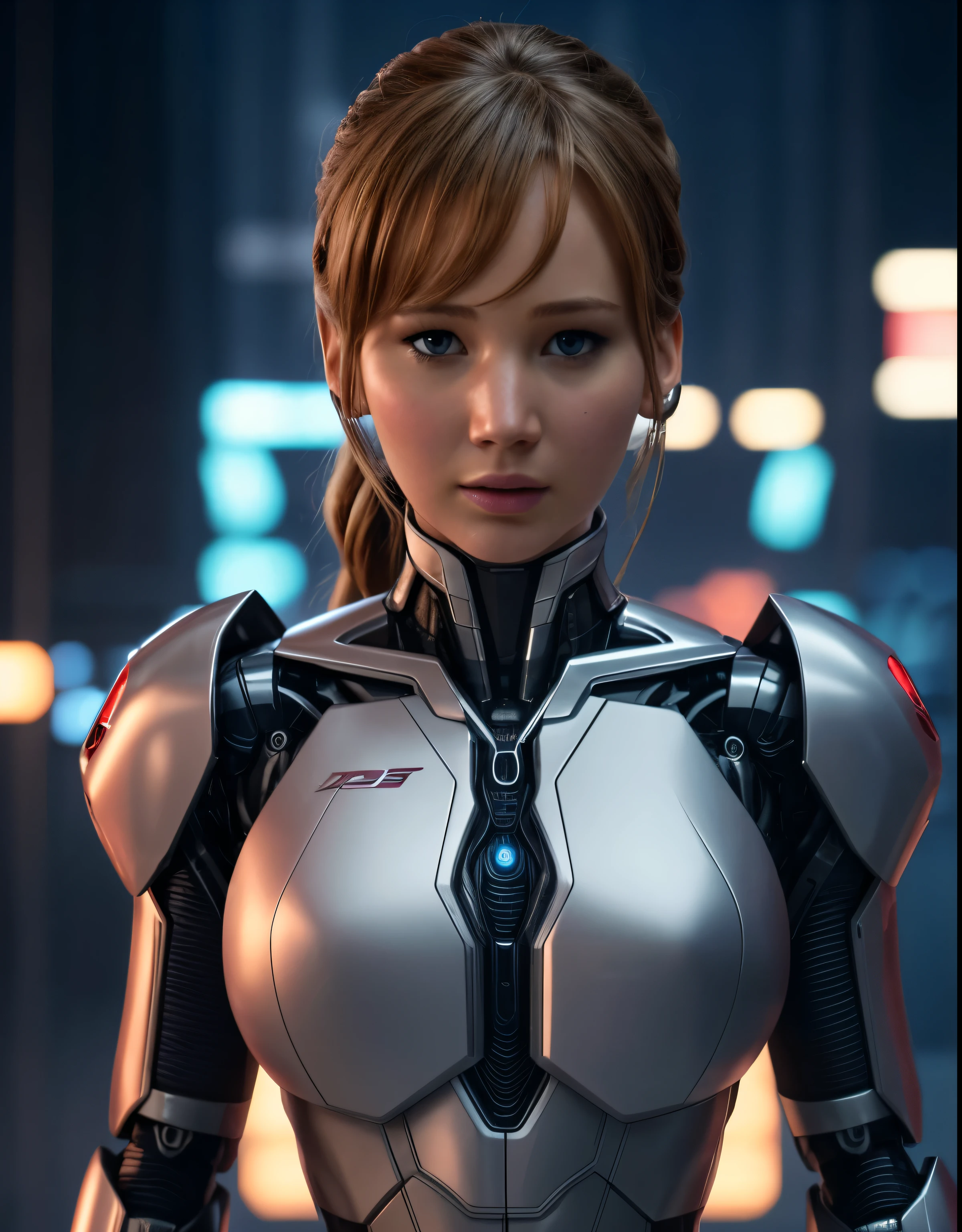 Face looks like Jennifer Lawrence, Beautiful female humanoid robot , very high quality and fantastic details with digital background , cinematic colour grading, cinematic view, movie scene stills,