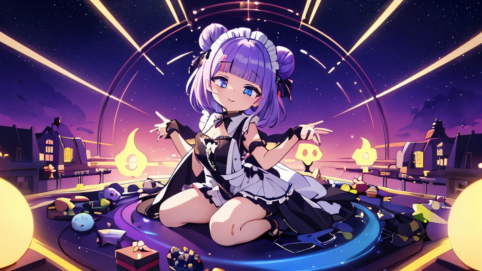((best quality)), ((masterpiece)), (detailed), perfect face, ((best quality)), ((masterpiece)), (detailed), perfect face, masutepiece:1.3), ph rikka 、1girl、 solo、(Best Quality:1.3), High resolution, Couboy Shot, on back,Superb view、(One Cute Girl:1.3), Solo, huge smile、A ring of iridescent angels hovers above my head、Big iridescent heart on background、Angel Ring、maid clothes、maid、Eight-headed body、with full of stars、Meteor swarm、Beautiful cityscape、Colorful starry sky、crouching down、Forehead、wide forehead、Model Standing、cross one's legs、Focus on eye brightness、yogapose、Purple hair, (bobhair:1.2), Mixed mesh and light blue、Bun hair, (Blunt bangs:1.2), Beautiful hair, Eyes are purple, Miraculous Eye、Close your eyes with all your might、Light from the eyes、Eyes are closed（1:4）Beautiful detailed eyes, ultradetailed eyes、Glitter eyes,from the rear、yoga、Colorful starry sky,Stars,Iridescent aura around the eyes、Raise your hand to stretch、Lie down and stick your hips out、Iridescent eyes、Narrowed eyes sucked in,Wearing a rainbow-colored aura from the whole body、 Shadow lighting,perfectbody

