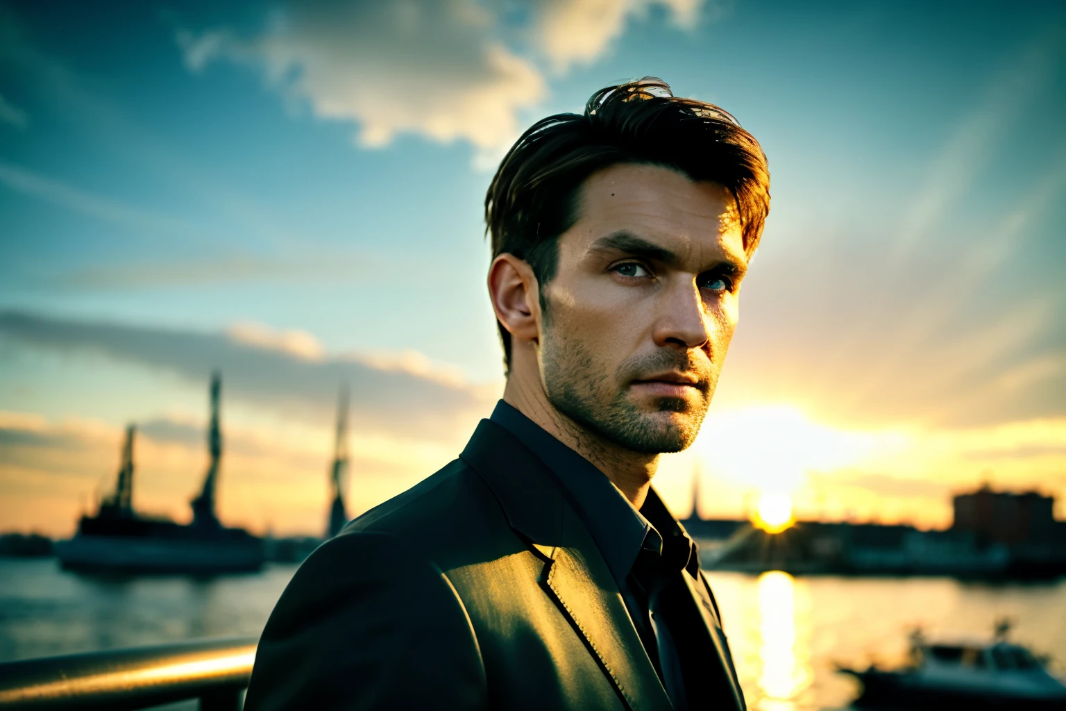 RAW photo, 8k UHD, high detailed skin, handsome german mercenary, 35yo, tall man, green eyes, rule of thirds, masterpiece, photography, ultra realism, realistic, outdoors, golden hour, portrait, staring sharply, brown short hair, combed aside, DoF, (Hamburg:1.1), harbor, sky, clouds, soft lighting, ( highly detailed skin:0.7),(film grain:1.3), 8k uhd, dslr, soft lighting, high quality, HDRI, Fujifilm XT3 