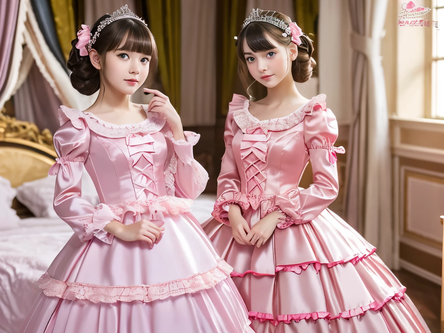 ,highest quality, masterpiece, highest resolution, artwork, super それにget used to it, many get used to it, get used to it, それにget used to it, 3K realistic photos,,((10 year old little girls)),Super detailed baby face,they are both princesses,Full length ball gown dress with hoop skirt,ruffle yoke collar,puff sleeves,long sleeve,((Lolita style hot pink detailed princess satin dress、Comes with lots of frills and ribbons。)),Colorful fashion in rococo style,shiny satin dress,Soft and smooth fabric,luxury,long blonde hair,blue eyes,white skin european,pajamas,((inside the palace bedroom)),Canopy bed,