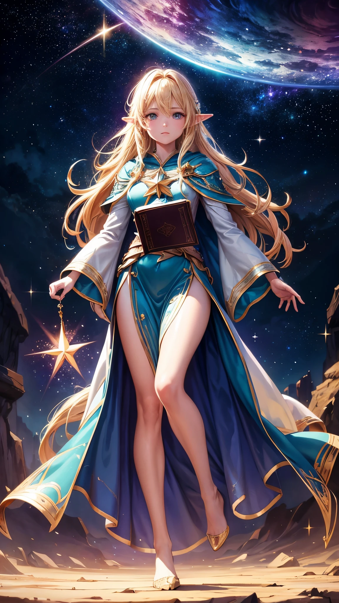 Elf Girl Star Spirit Mage，flowing blonde hair，A glowing magic book，star dress，Exquisite magic cloak、Landscape background of stars and galaxies、Vibrant colors、mysterious atmosphere、ethereal beauty、artistic depiction、Magical effect、Heroic gesture、sense of surprise、Cosmic elements、calm yet powerful presence、aura of majesty、Contrast between light and dark、best quality，4k，8k，masterpiece：1.2，Super detailed，lifelike：1.37，