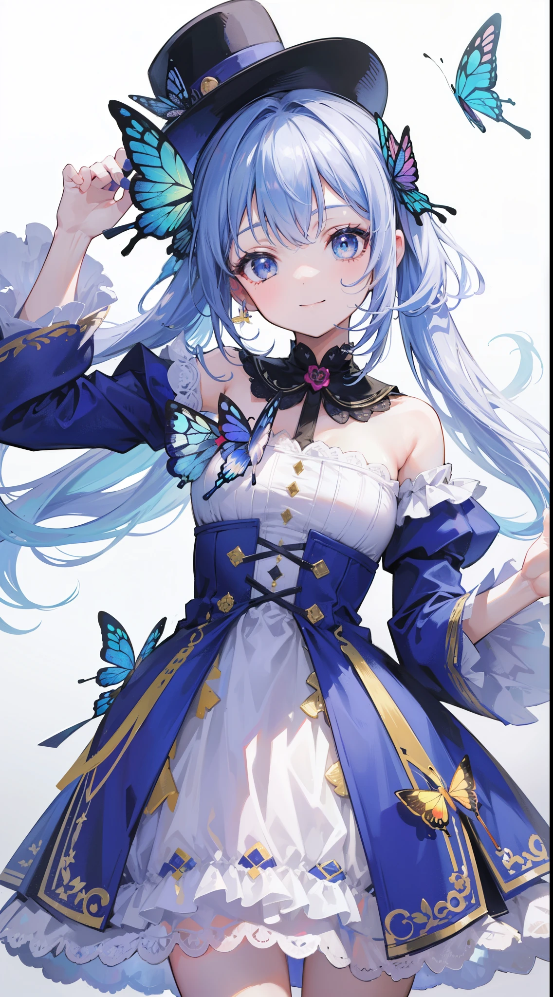 32k, best quality, ultra-detailed, high resolution, perfect anatomy, head on, cute girl, cute dress, cute hat, cute smile, colorful butterfly background,
