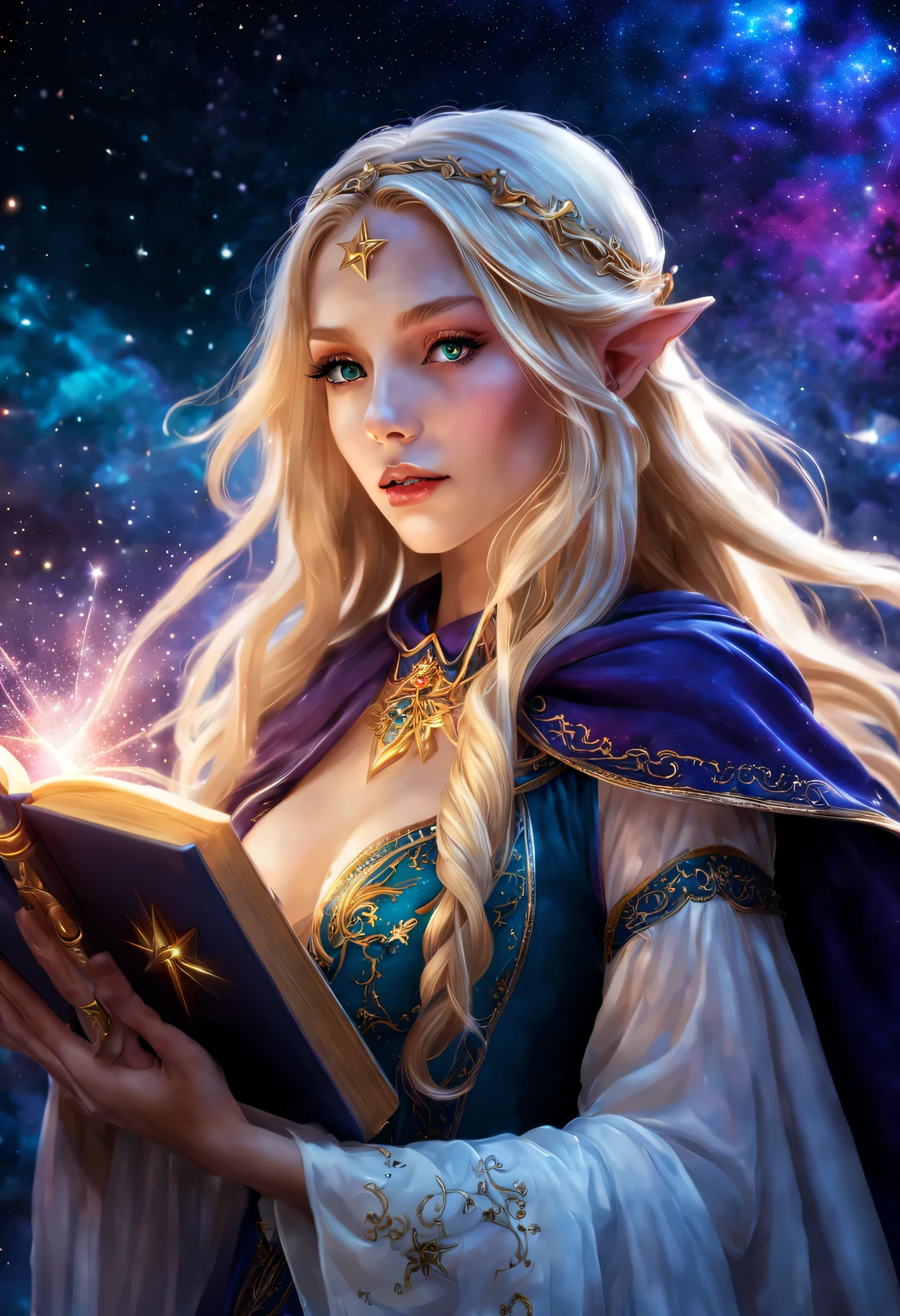 Elf Girl Star Spirit Mage,Beautiful and detailed lips and face,blonde flowing hair,A glowing magic book,star dress,Exquisite magic cloak、Landscape background of stars and galaxies、bright colors、mysterious atmosphere、ethereal beauty、artistic depiction、magical effect、Heroic pose、A sense of surprise、Cosmic elements、Calm and powerful presence、aura of majesty、chiaroscuro、best quality,4K,8k,masterpiece:1.2,super detailed,lifelike:1.37,