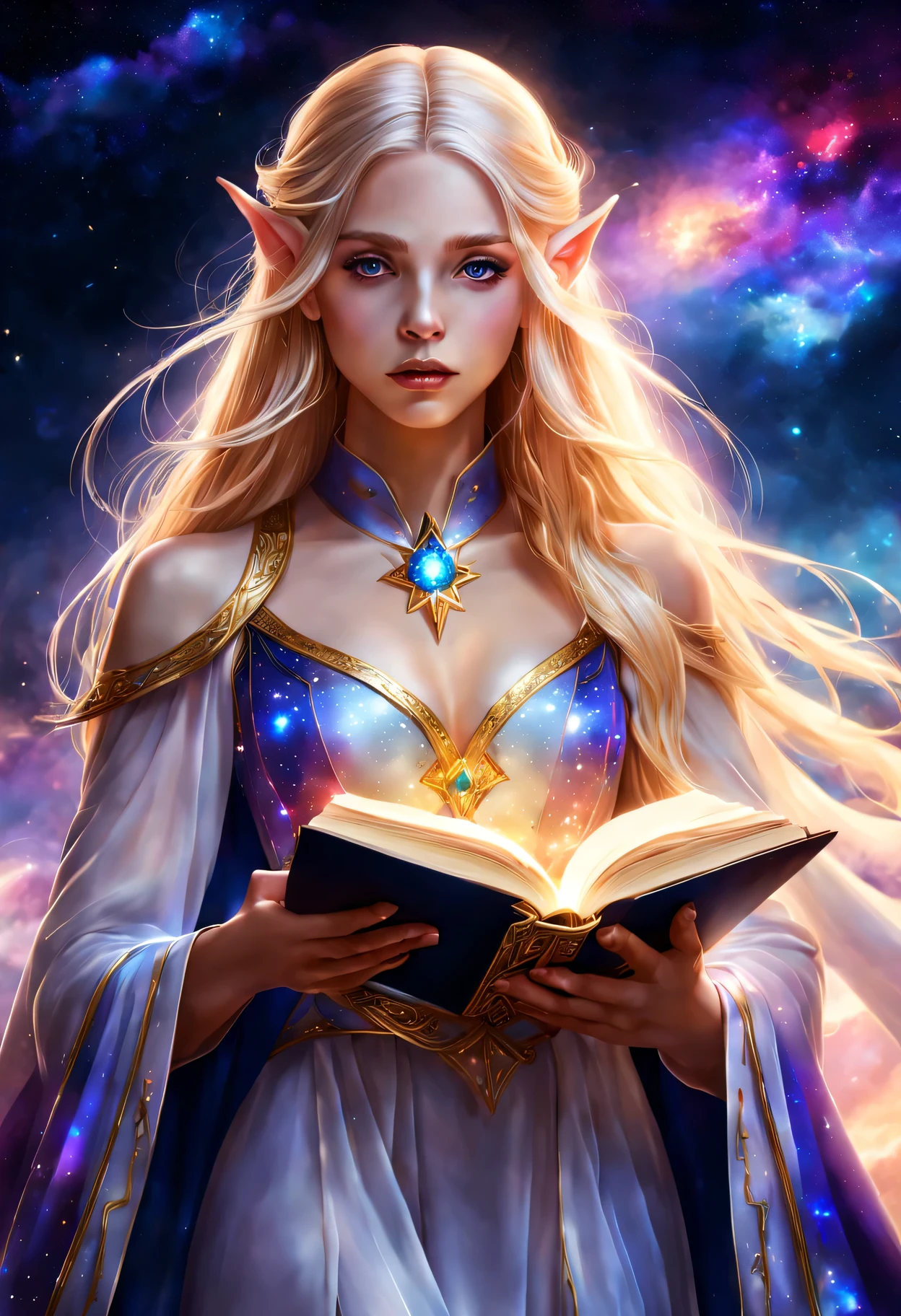 Elf Girl Star Spirit Mage，Beautiful and detailed lips and face，blonde flowing hair，A glowing magic book，star dress，Exquisite magic cloak、Landscape background of stars and galaxies、bright colors、mysterious atmosphere、ethereal beauty、artistic depiction、magical effect、Heroic pose、A sense of surprise、Cosmic elements、Calm and powerful presence、aura of majesty、chiaroscuro、best quality，4K，8k，masterpiece：1.2，super detailed，lifelike：1.37，