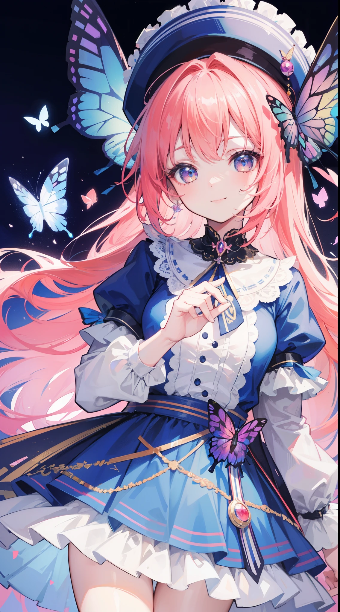 32k, best quality, ultra-detailed, high resolution, perfect anatomy, head on, cute girl, cute dress, cute hat, cute smile, colorful butterfly background,