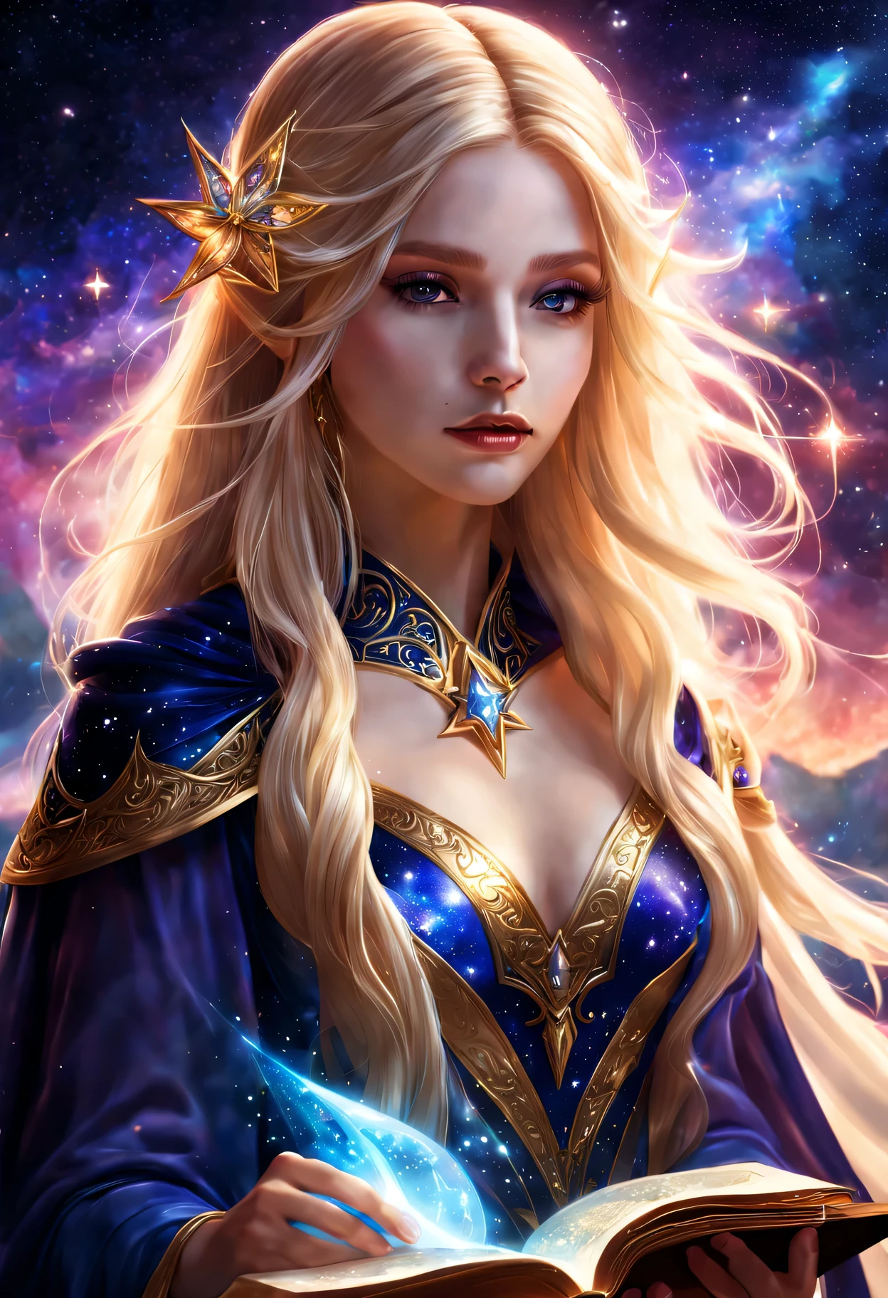 Elf Girl Star Spirit Mage,Beautiful and detailed lips and face,blonde flowing hair,A glowing magic book,star dress,Exquisite magic cloak、Landscape background of stars and galaxies、bright colors、mysterious atmosphere、ethereal beauty、artistic depiction、magical effect、Heroic pose、A sense of surprise、Cosmic elements、Calm and powerful presence、aura of majesty、chiaroscuro、best quality,4K,8k,masterpiece:1.2,super detailed,lifelike:1.37,