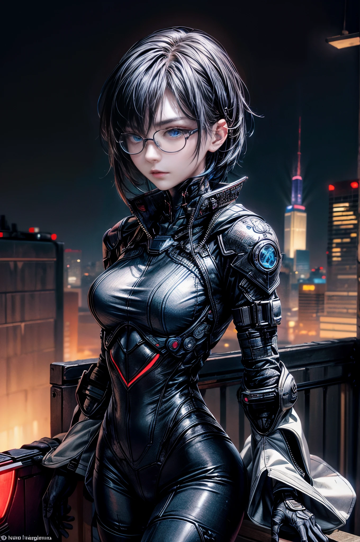 cinematic lighting、highly detailed skin,1 girl, highest quality,cyber punk,(dim color, soothing tone:1.3),(25 year old beautiful woman、Detailed beautiful facial features、short black hair、blue eyes、Glasses、Take your eyes off、slender body:1.3)profile（Glasses:1.5）break. 
BREAK Cyber tech wear based on white and black、equip yourself with cyber weapons:1.4
BREAK、(morning、work)rooftop、fence、早morningmorning焼け、cyber police car、(venue where people gather)Mission start