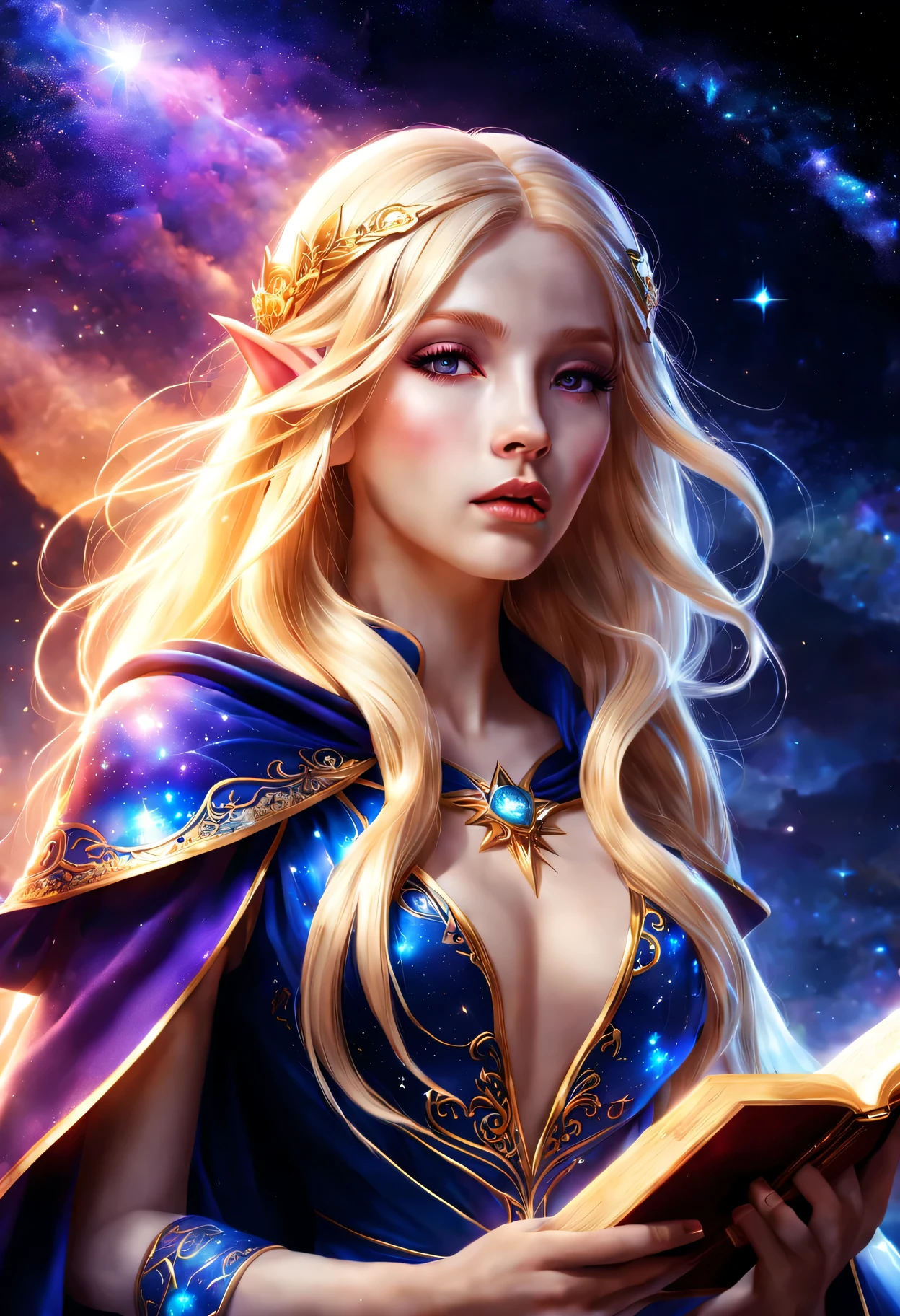 Elf Girl Star Spirit Mage,Beautiful and detailed lips and face,blonde flowing hair,A glowing magic book,star dress,Exquisite magic cloak、Landscape background of stars and galaxies、bright colors、mysterious atmosphere、ethereal beauty、artistic depiction、magical effect、Heroic pose、A sense of surprise、Cosmic elements、Calm and powerful presence、aura of majesty、chiaroscuro、best quality,4K,8k,masterpiece:1.2,super detailed,lifelike:1.37,