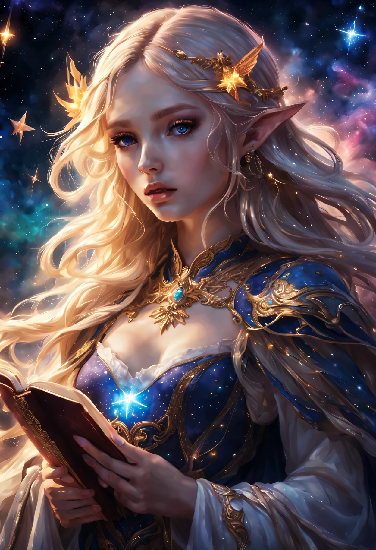 Elf Girl Star Spirit Mage,Beautiful and detailed lips and face,blonde flowing hair,A glowing magic book,star dress,Exquisite magic cloak、Landscape background of stars and galaxies、bright colors、mysterious atmosphere、ethereal beauty、artistic depiction、magical effect、Heroic pose、A sense of surprise、Cosmic elements、Calm and powerful presence、aura of majesty、chiaroscuro、best quality,4K,8k,masterpiece:1.2,super detailed,lifelike:1.37,