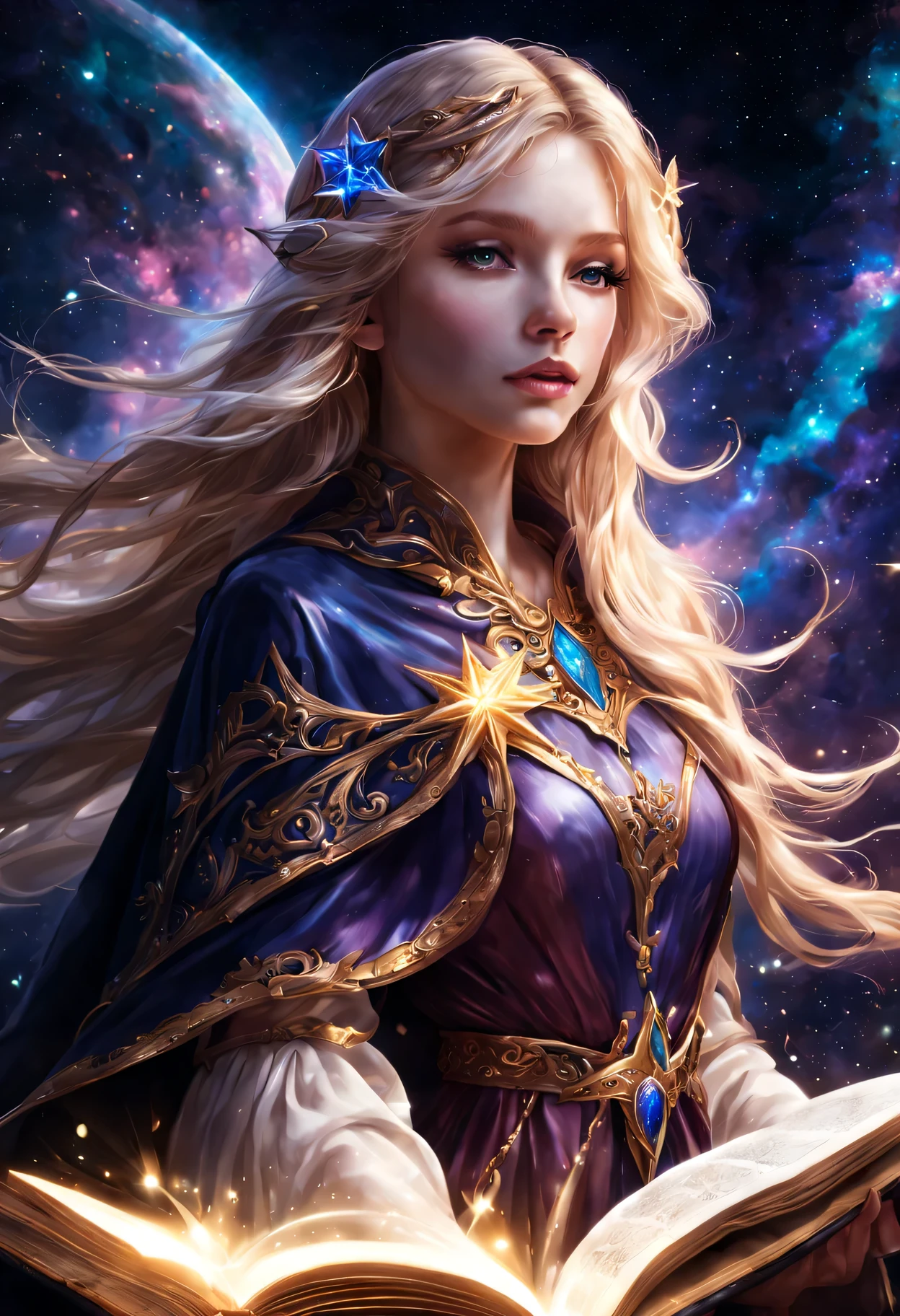 Elf Girl Star Spirit Mage,Beautiful and detailed lips and face,blonde flowing hair,A glowing magic book,star dress,Exquisite magic cloak、Landscape background of stars and galaxies、bright colors、mysterious atmosphere、ethereal beauty、artistic depiction、magical effect、Heroic pose、A sense of surprise、Cosmic elements、Calm and powerful presence、aura of majesty、chiaroscuro、best quality,4K,8k,masterpiece:1.2,super detailed,lifelike:1.37,