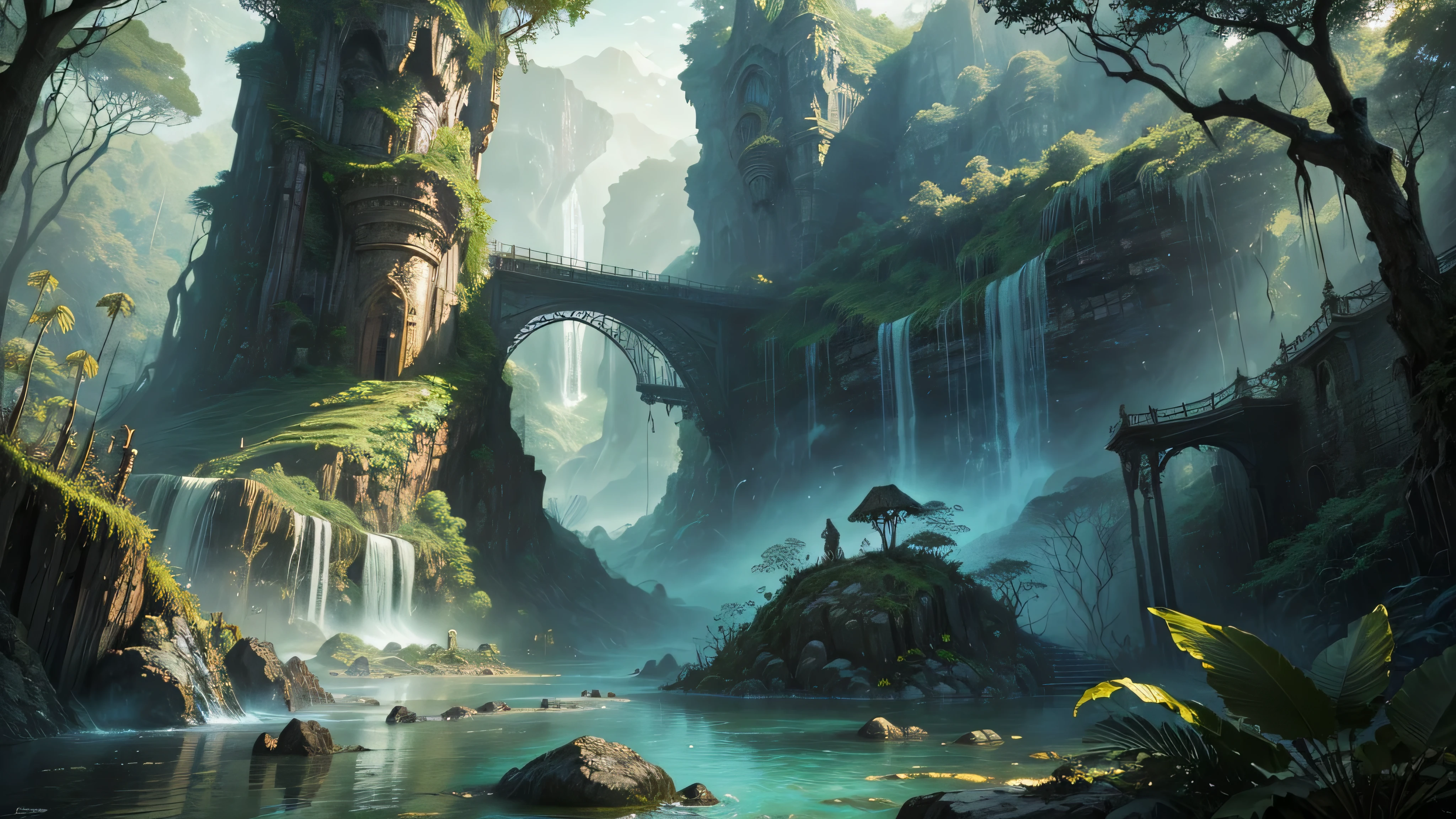 There is a waterfall in the middle of a tropical jungle, bela fantasia detalhada, fantasia altamente detalhada, fantasy scenic, arte digital de fantasia detalhada, Arte digital de fantasia 2D, arte digital detalhada de fantasia 2D, impressive paisagem de fantasia, fantasy pictorial style, arte estilo fantasia, medieval paisagem de fantasia, paisagem de fantasia, realistic fantasy illustration, Arte de fantasia 4k, cidade de fantasia